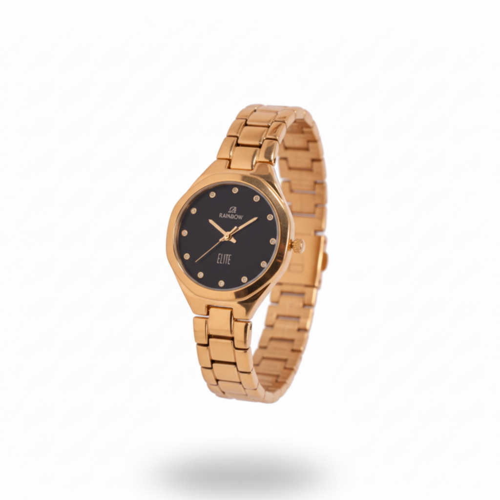 Rainbow Elite Women’s Gold Analog Watch – Black Dial