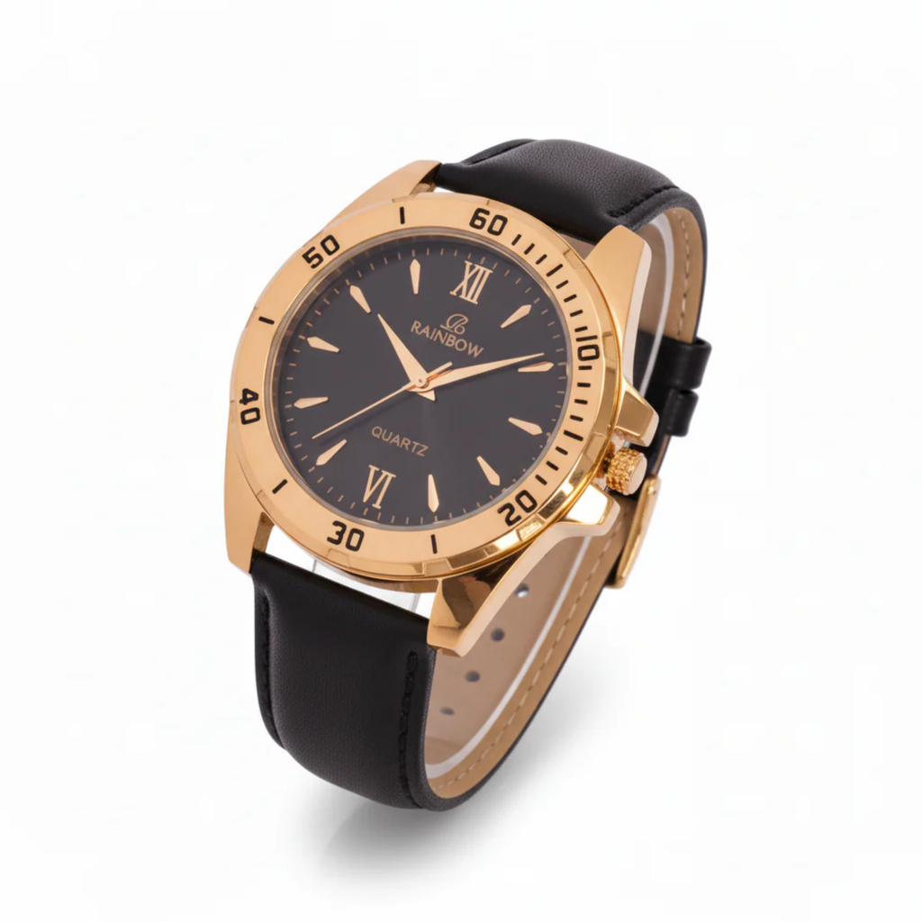 Rainbow Premium Men’s Black Dial Gold Case Leather Strap Watch