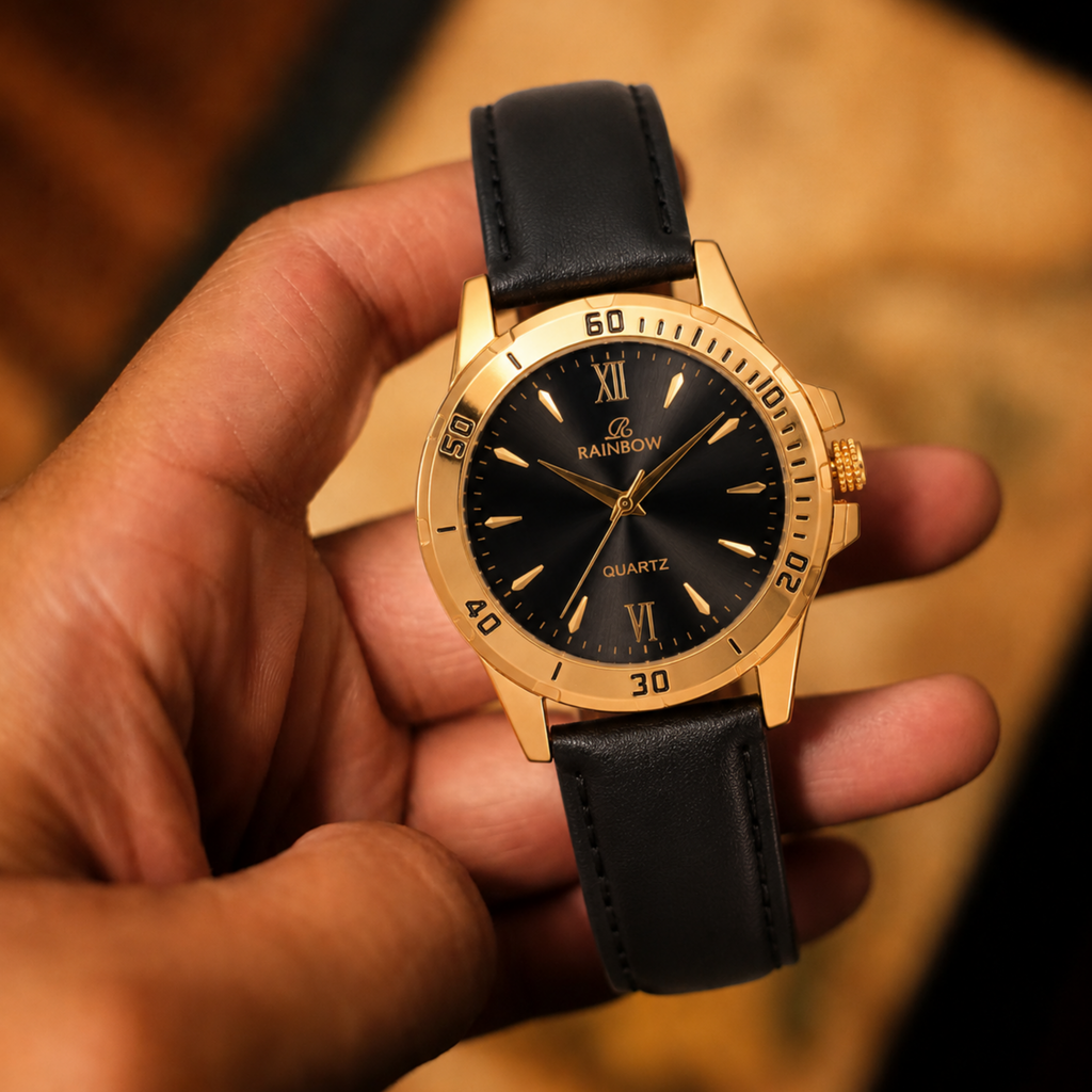 Rainbow Premium Men’s Black Dial Gold Case Leather Strap Watch