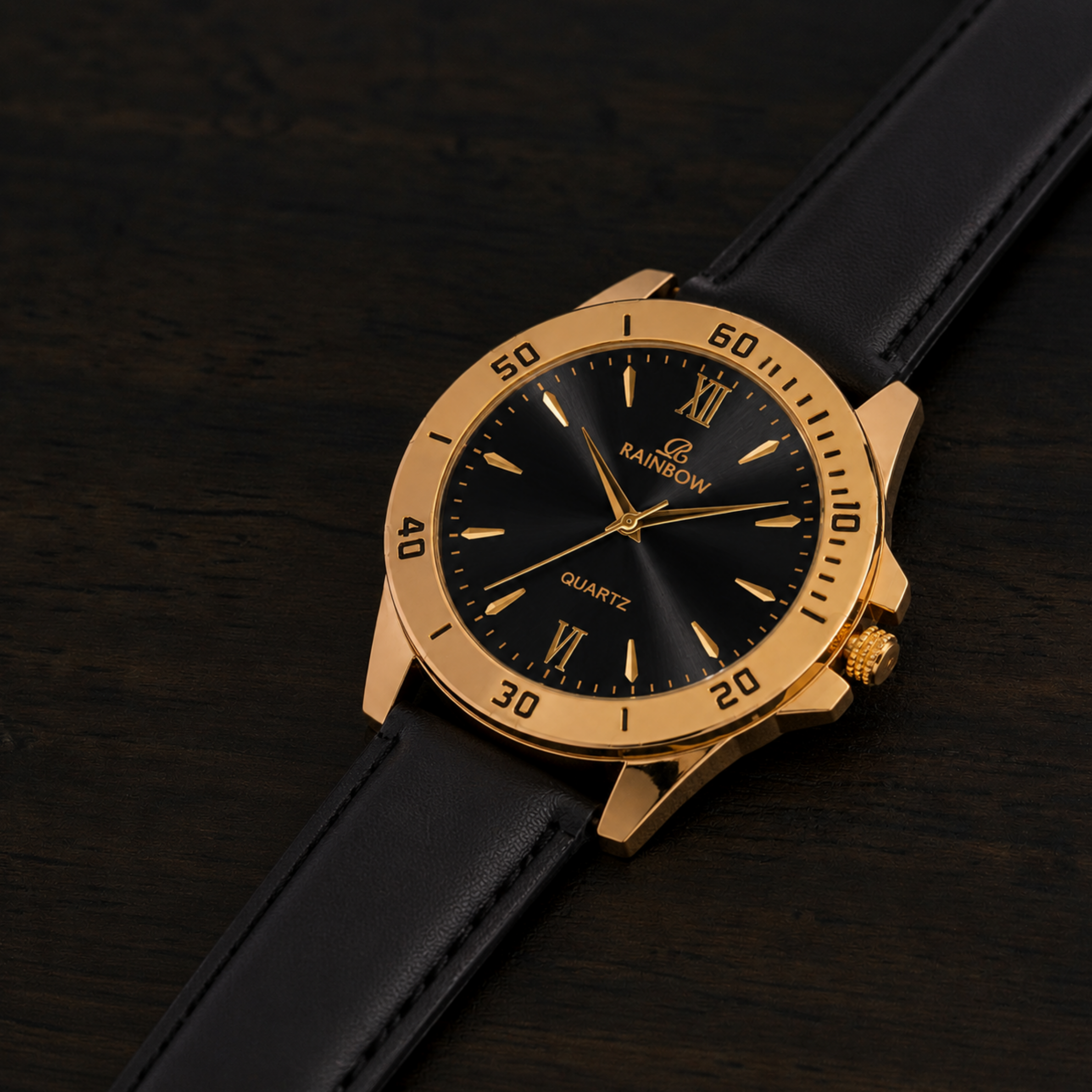 Rainbow Premium Men’s Black Dial Gold Case Leather Strap Watch