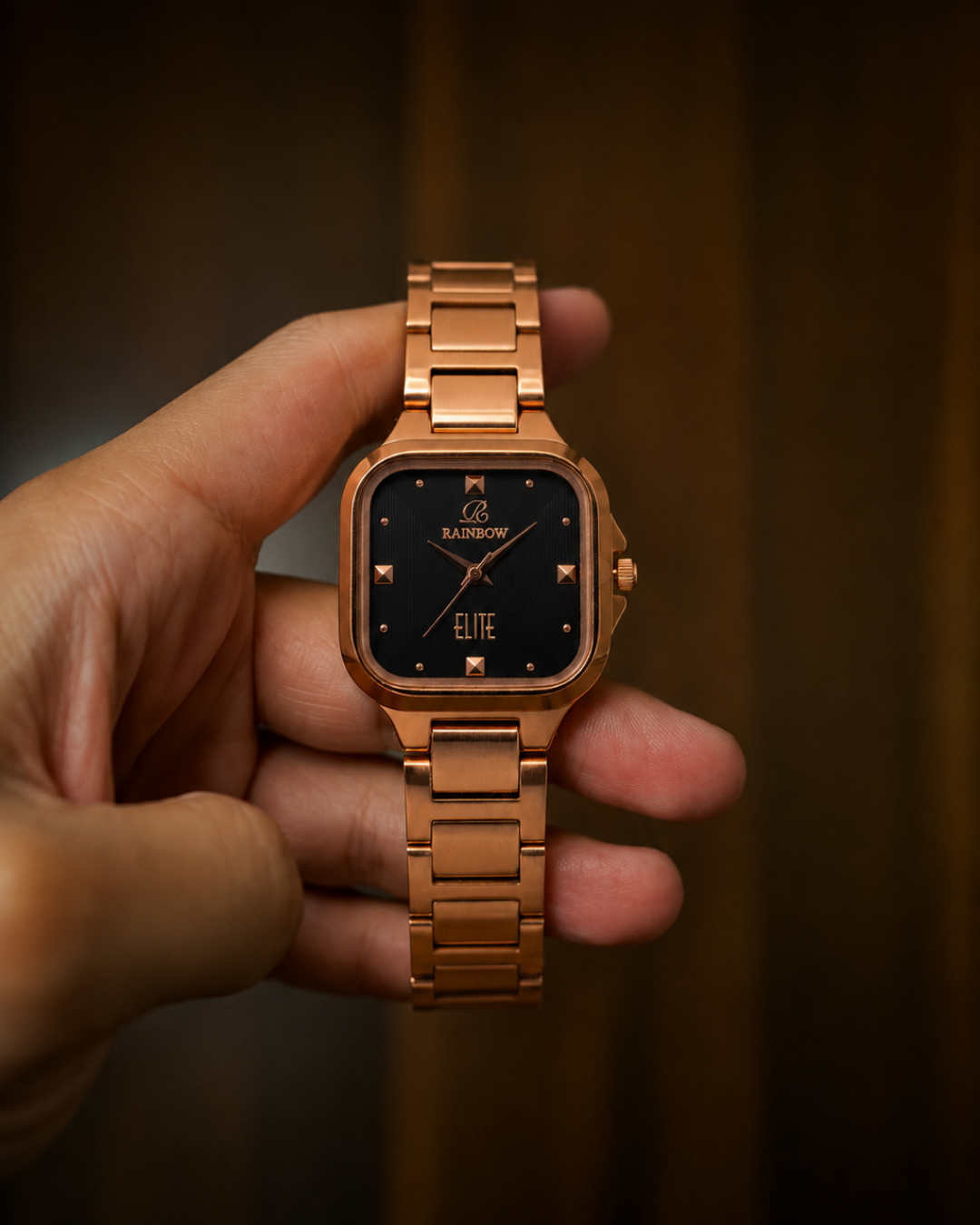 Rainbow Elite – Rose Gold Square Dial (Black Dial)