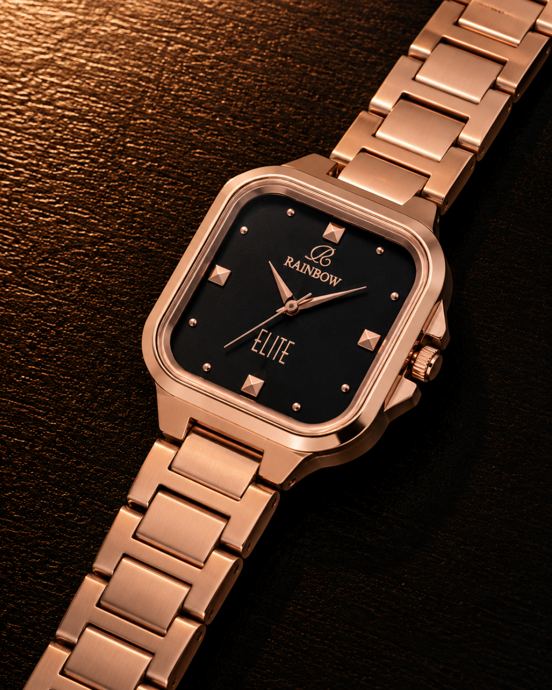Rainbow Elite – Rose Gold Square Dial (Black Dial)