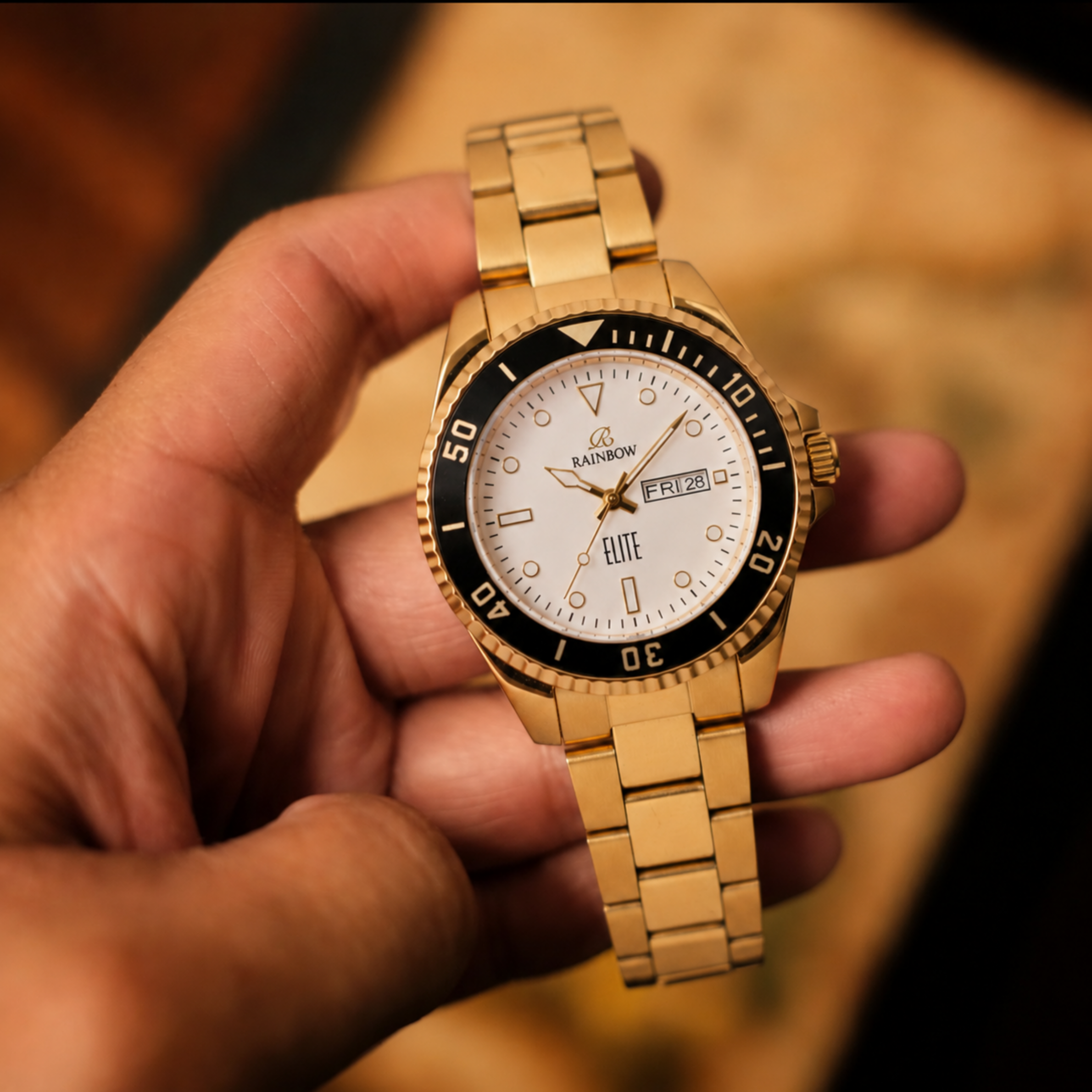 Rainbow Elite Men’s White Dial Gold Stainless Steel Watch