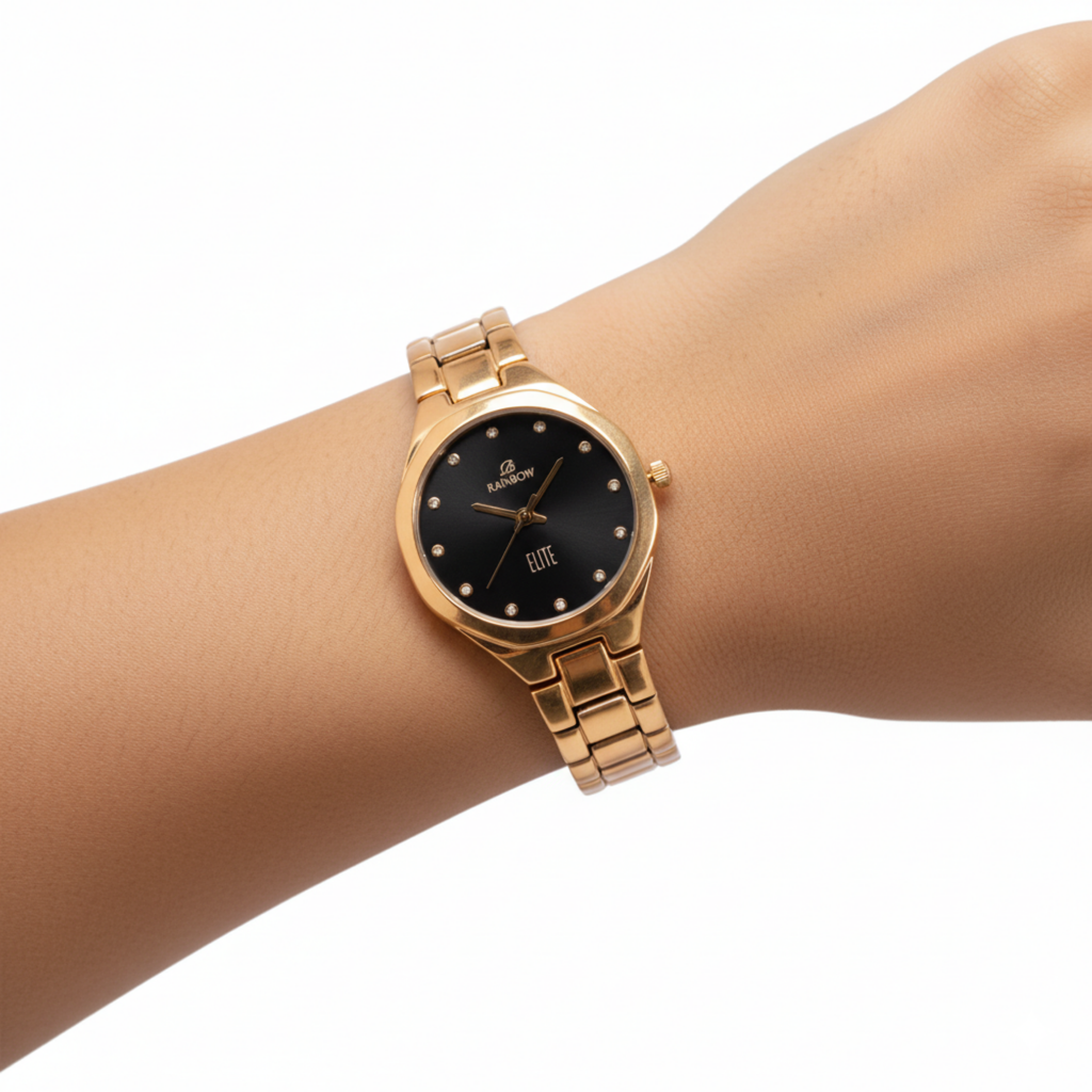 Rainbow Elite Women’s Gold Analog Watch – Black Dial