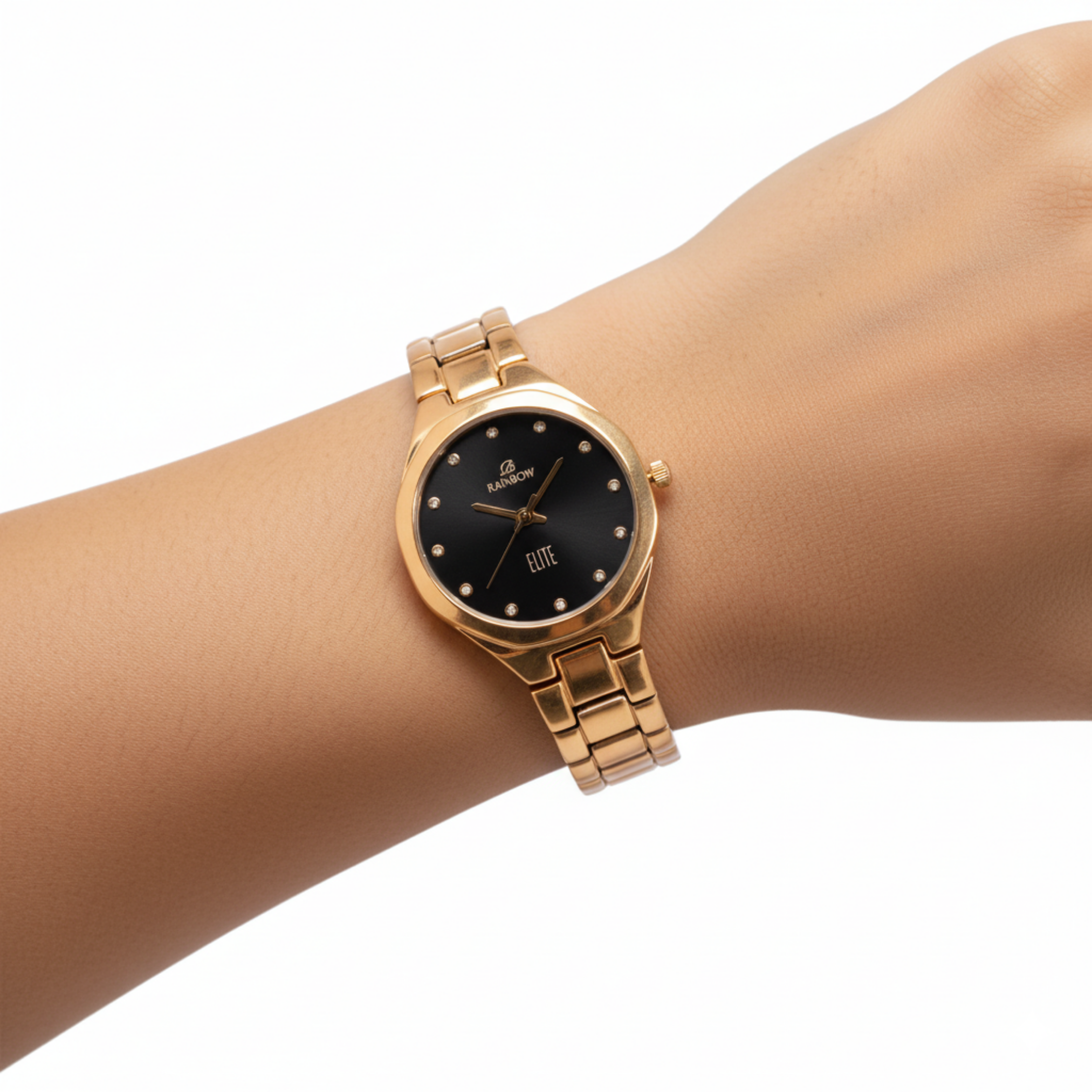 Rainbow Elite Women’s Gold Analog Watch – Black Dial
