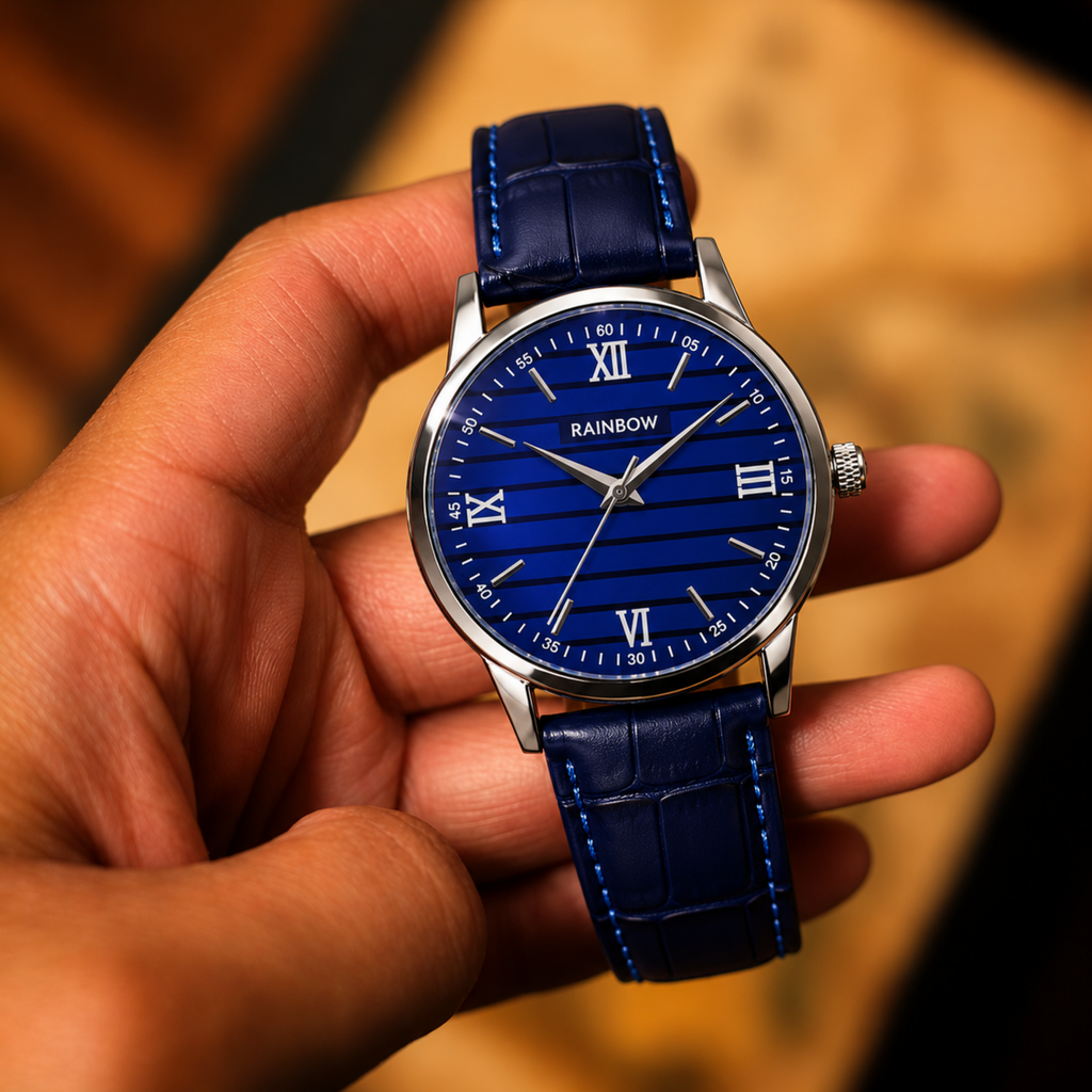 Rainbow Classic Men’s Blue Pattern Dial Blue Leather Strap Watch