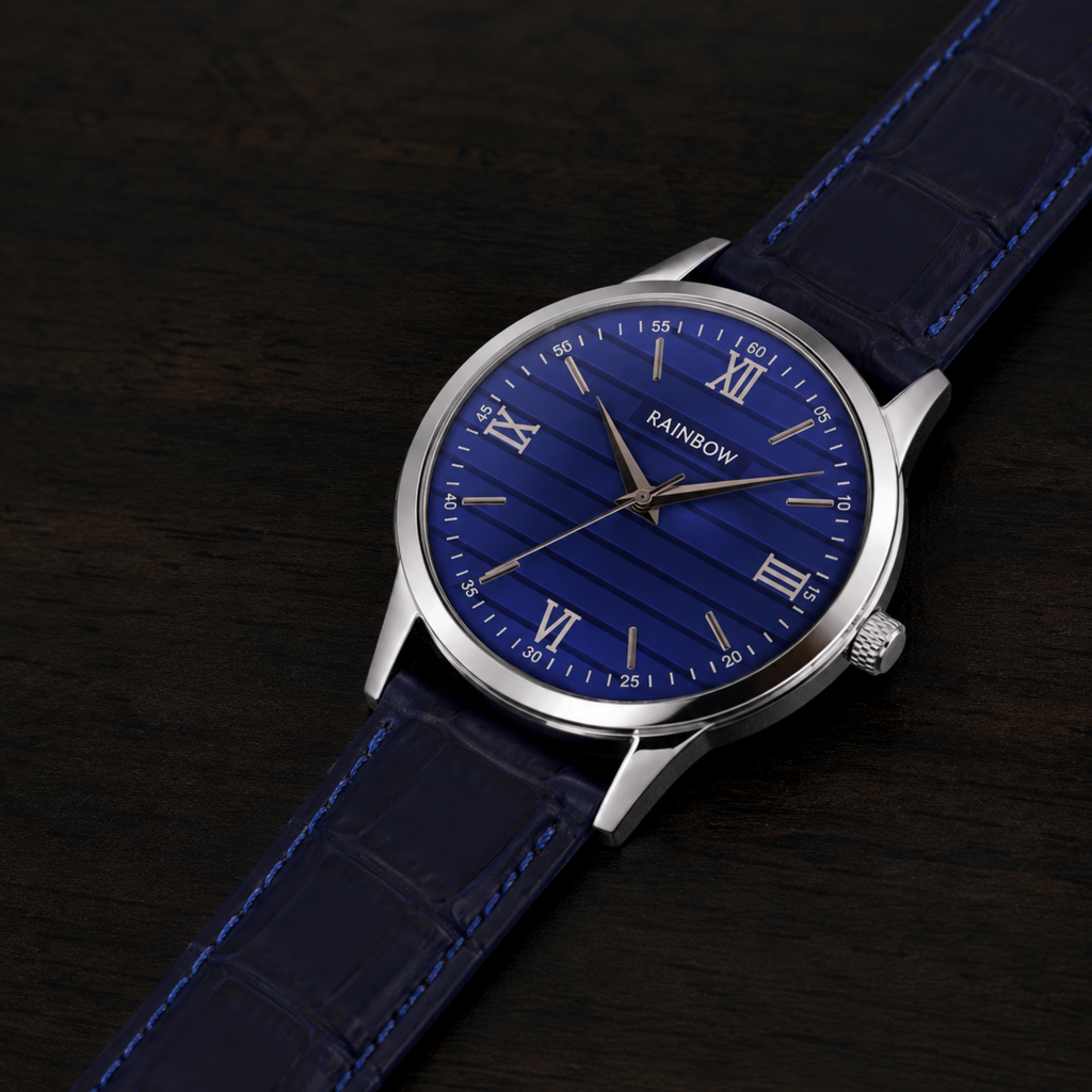 Rainbow Classic Men’s Blue Pattern Dial Blue Leather Strap Watch