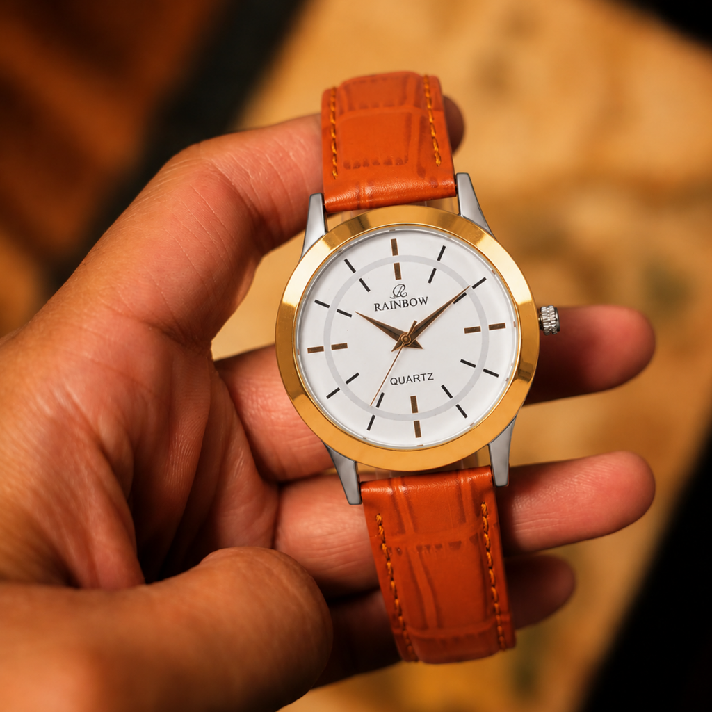 Rainbow Classic Gold White Dial Brown Strap Watch