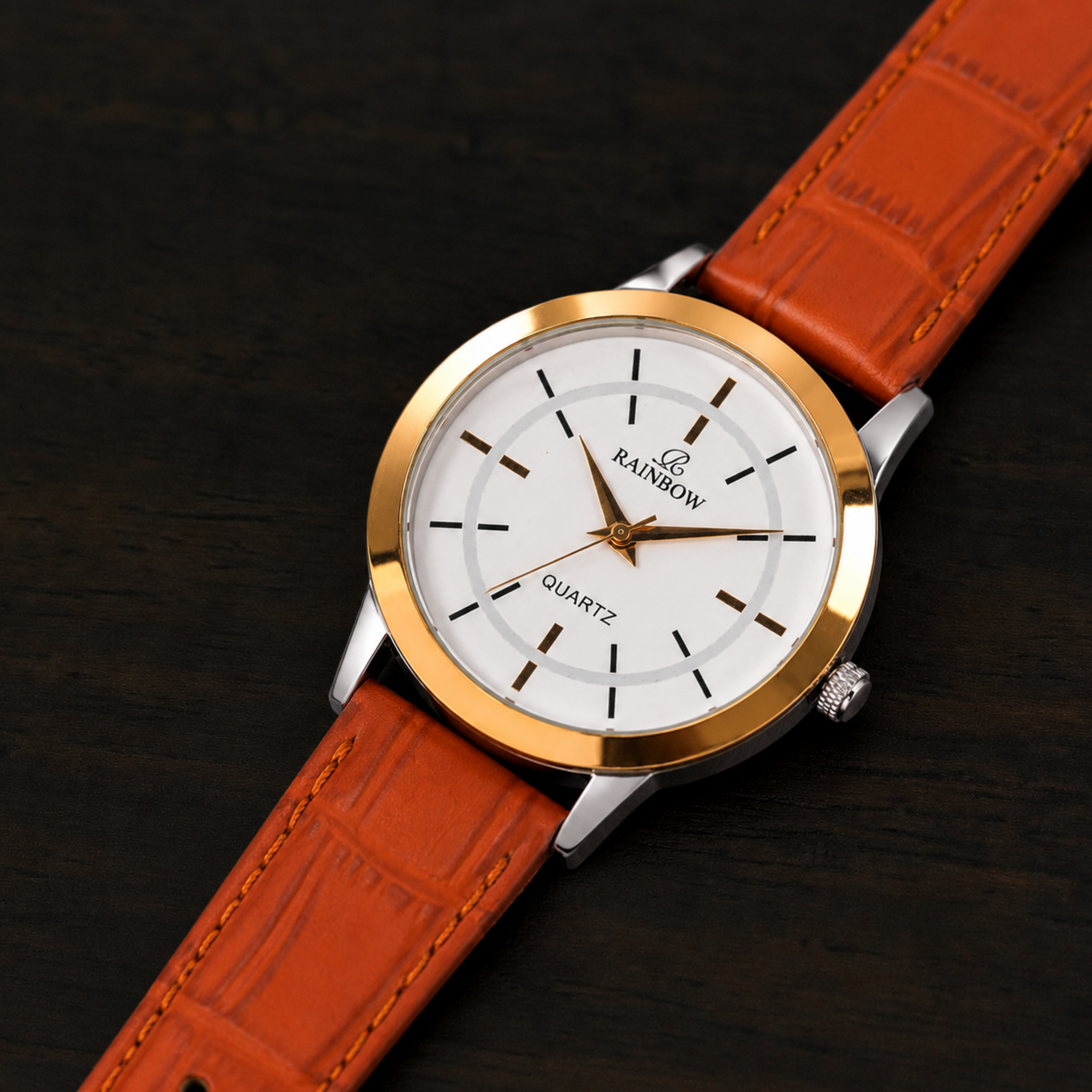 Rainbow Classic Gold White Dial Brown Strap Watch