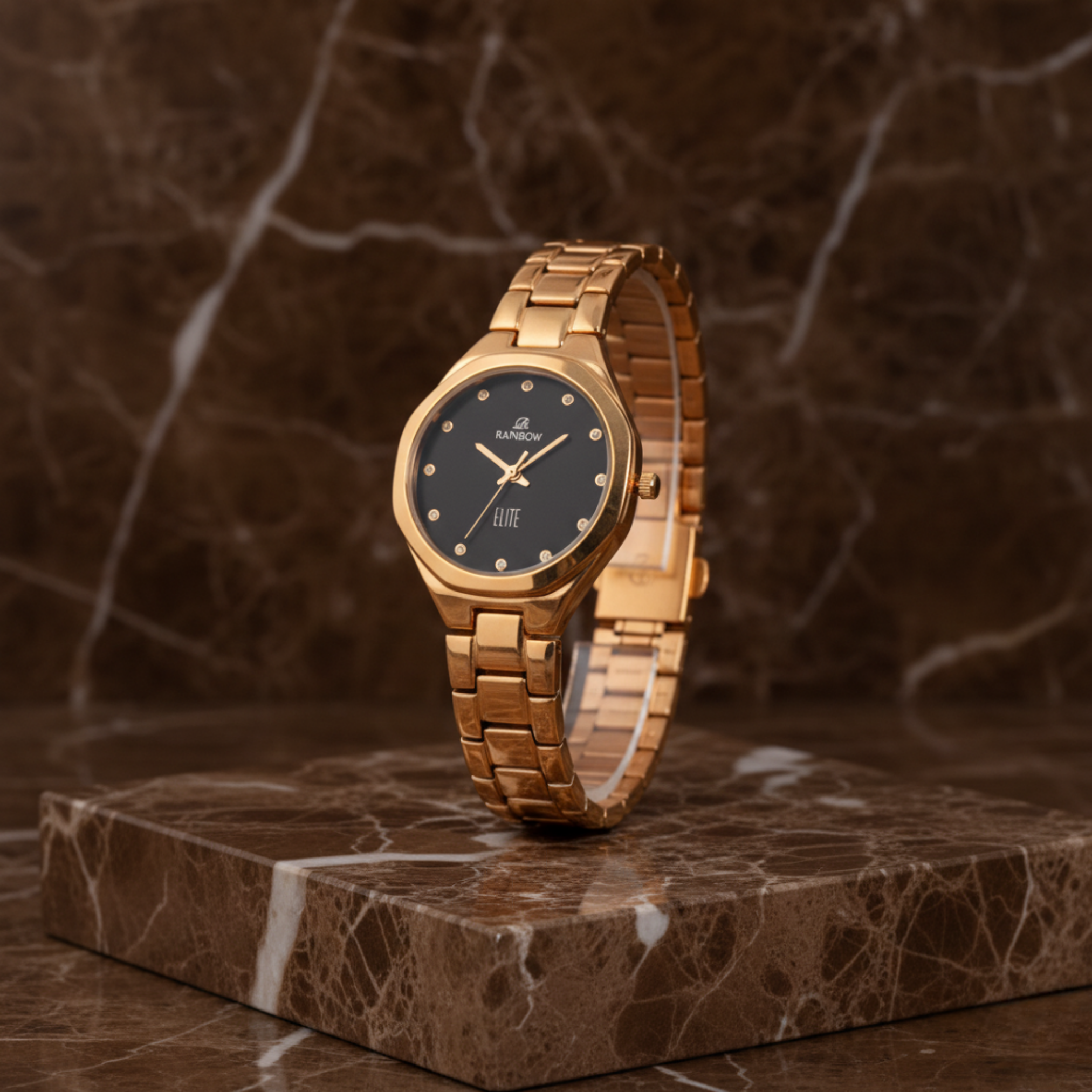 Rainbow Elite Women’s Gold Analog Watch – Black Dial
