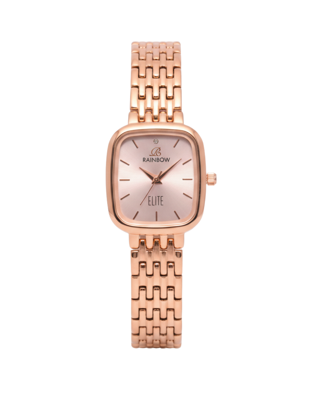 Rainbow Elite – Rose Gold Square Dial Side Pose (Light Dial)