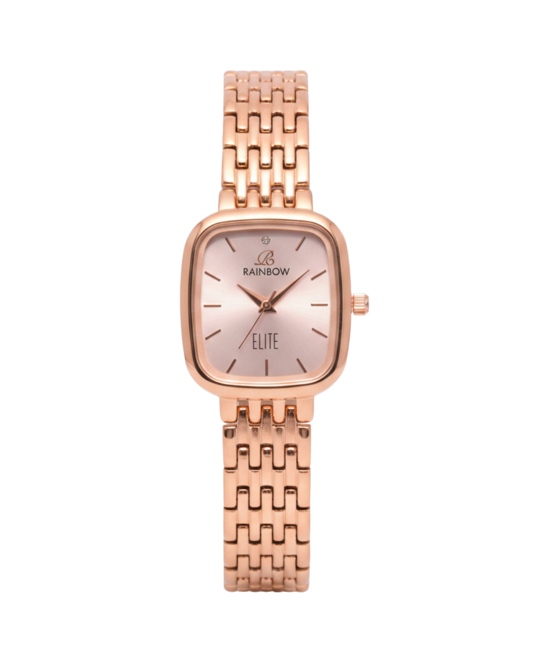 Rainbow Elite – Rose Gold Square Dial Side Pose (Light Dial)