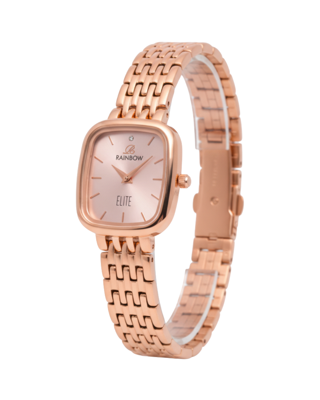 Rainbow Elite – Rose Gold Square Dial Side Pose (Light Dial)