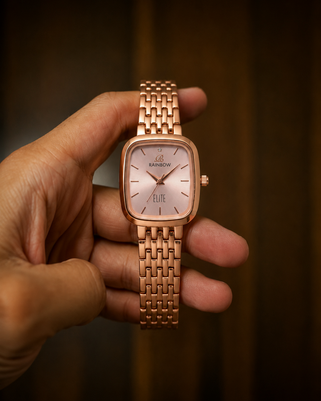 Rainbow Elite – Rose Gold Square Dial Side Pose (Light Dial)