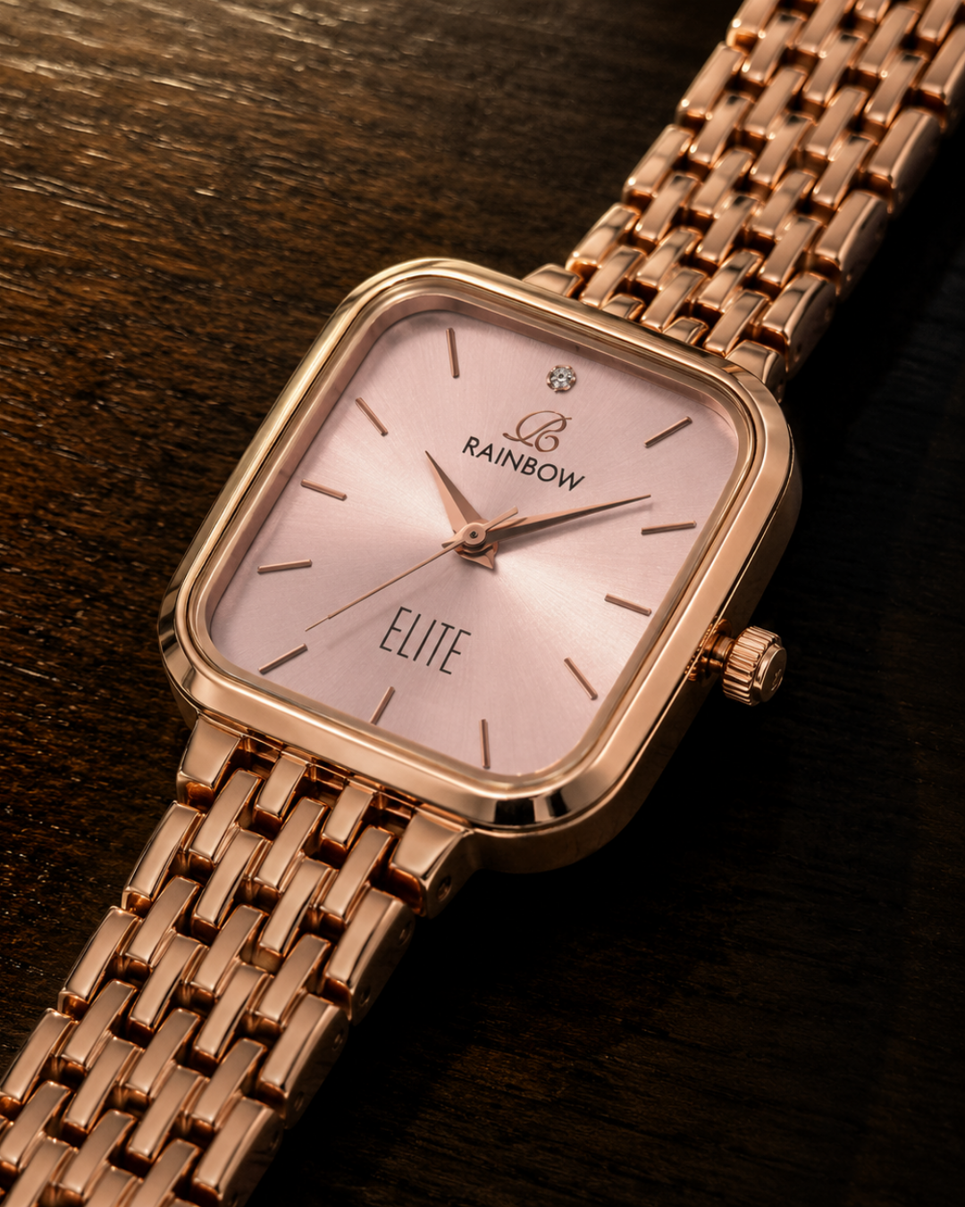 Rainbow Elite – Rose Gold Square Dial Side Pose (Light Dial)
