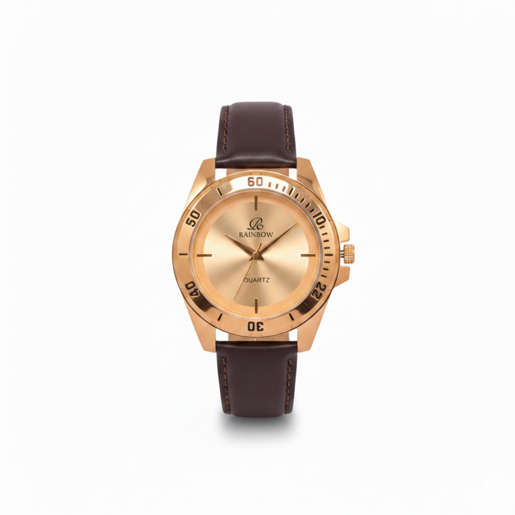 Rainbow Premium Men’s Gold Dial Brown Leather Strap Watch