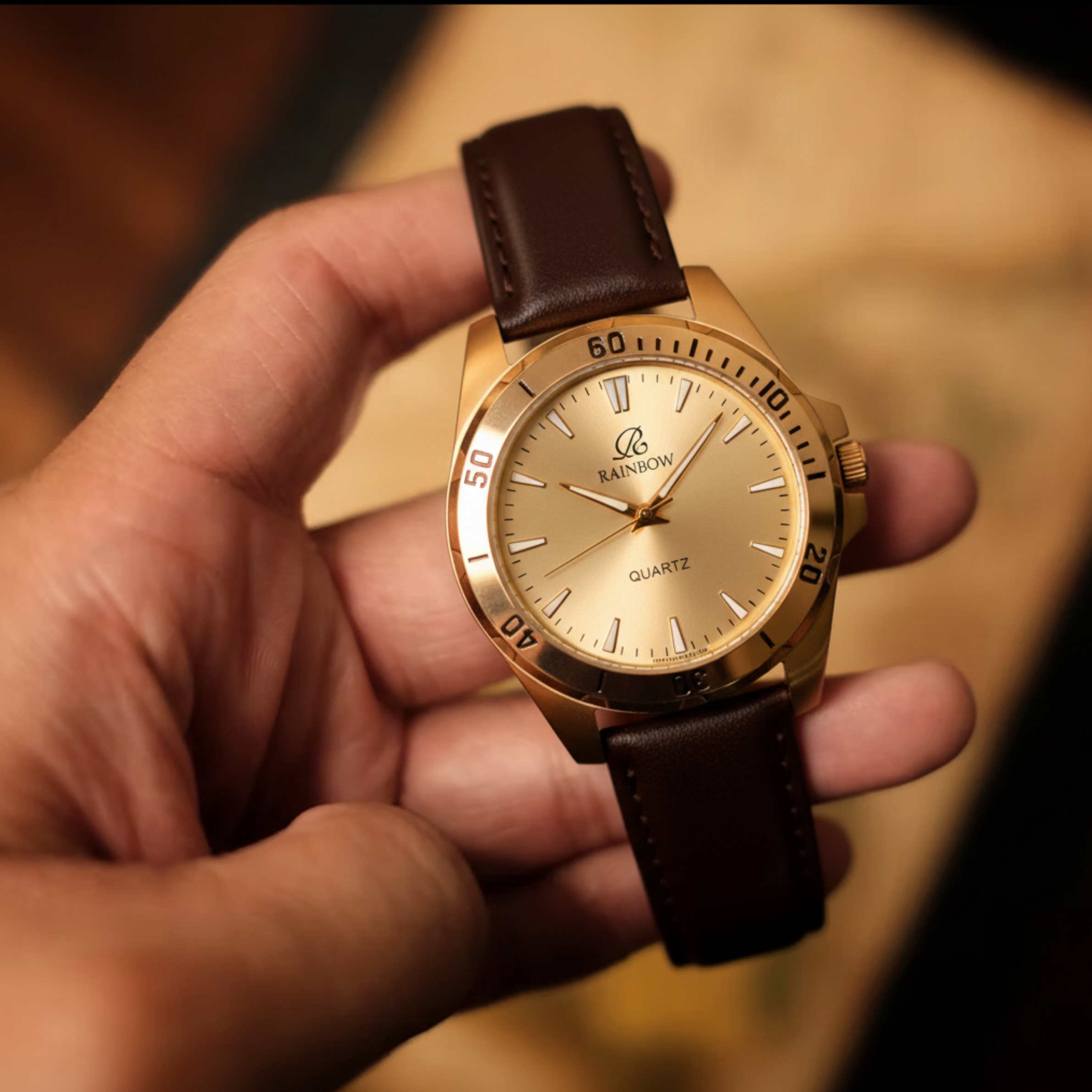 Rainbow Premium Men’s Gold Dial Brown Leather Strap Watch