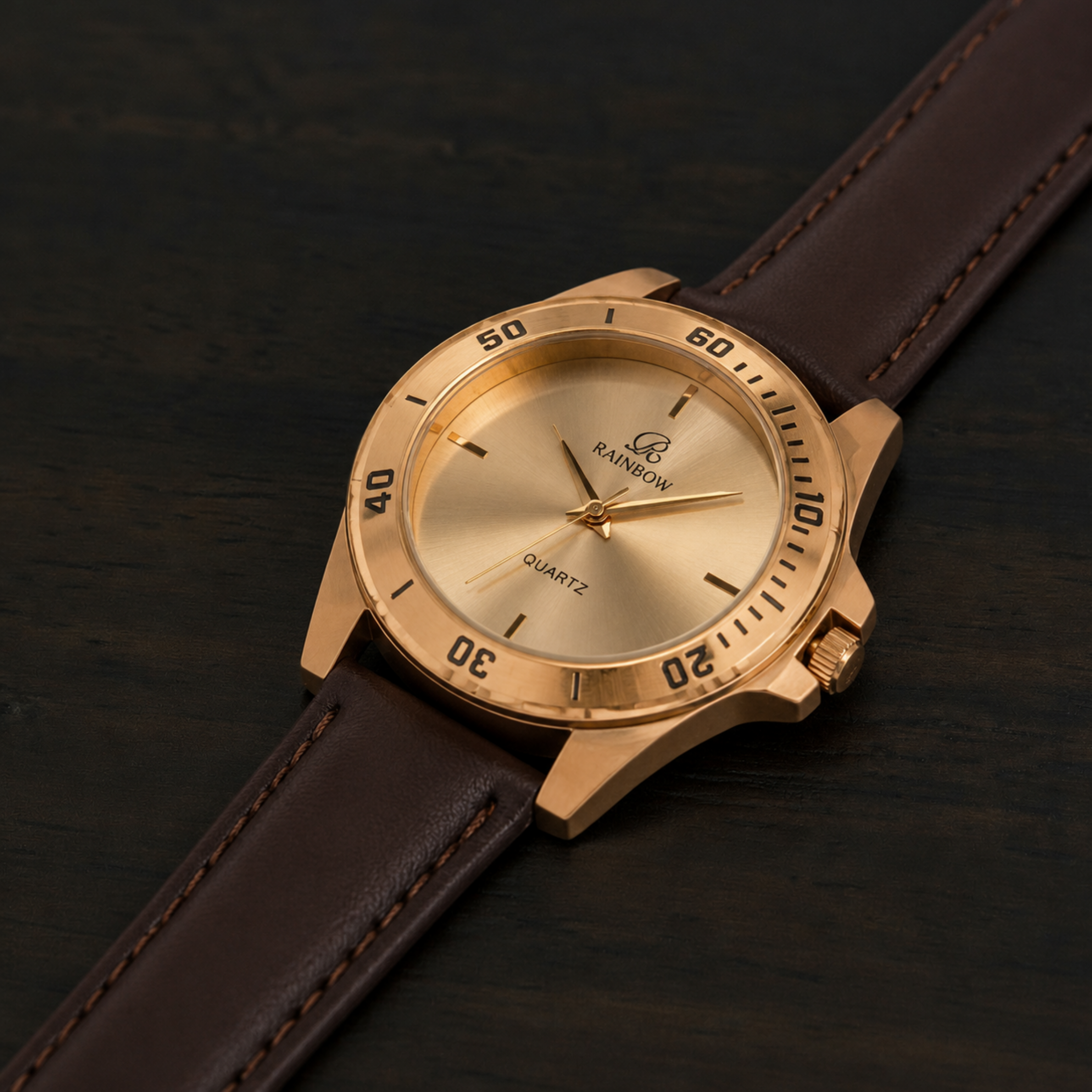 Rainbow Premium Men’s Gold Dial Brown Leather Strap Watch