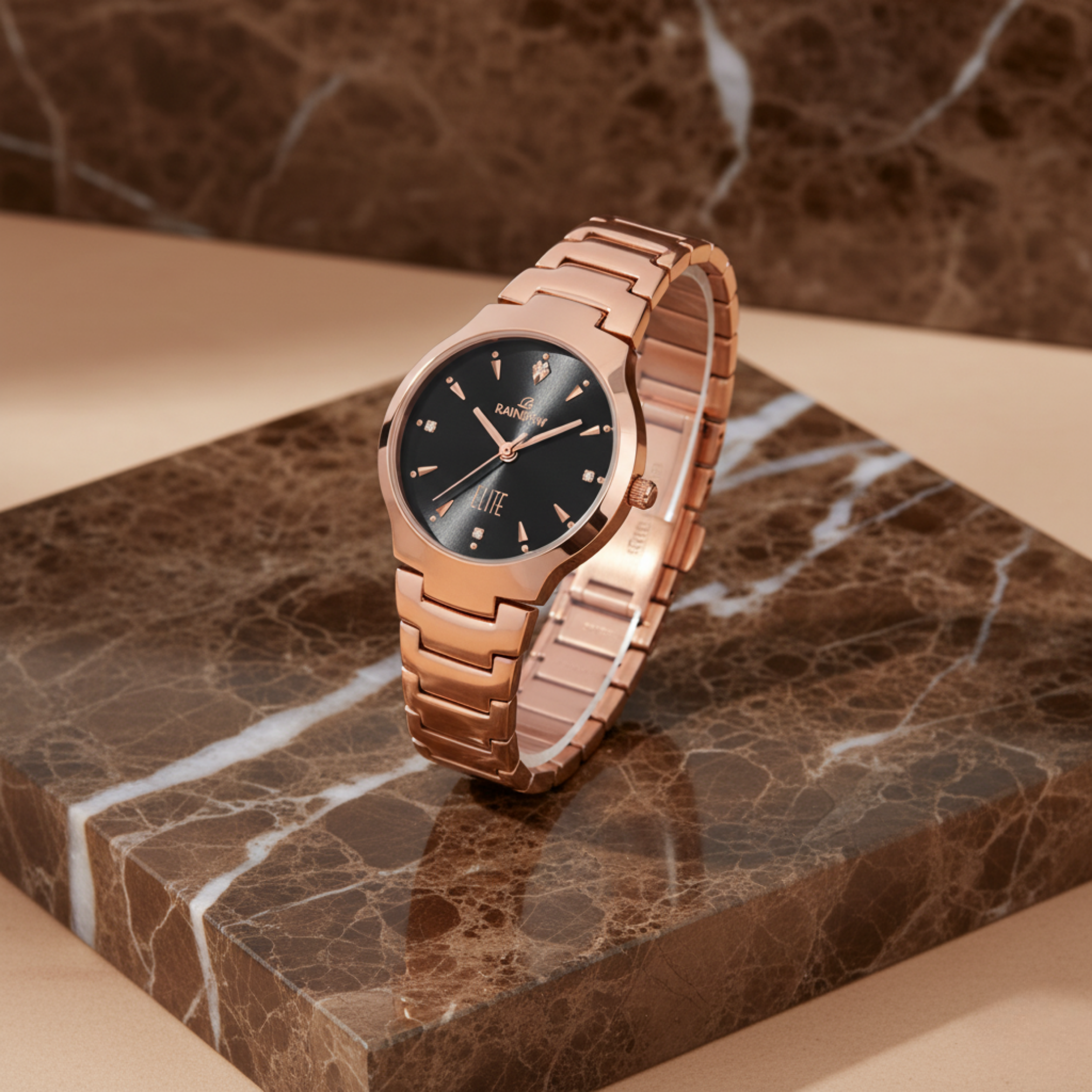 Rainbow Elite Women’s Rose Gold Watch with Black Dial – Premium Analog Watch