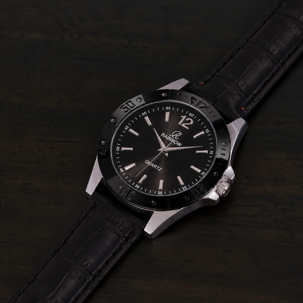 Rainbow Classic Black Dial Leather Strap Men’s Watch