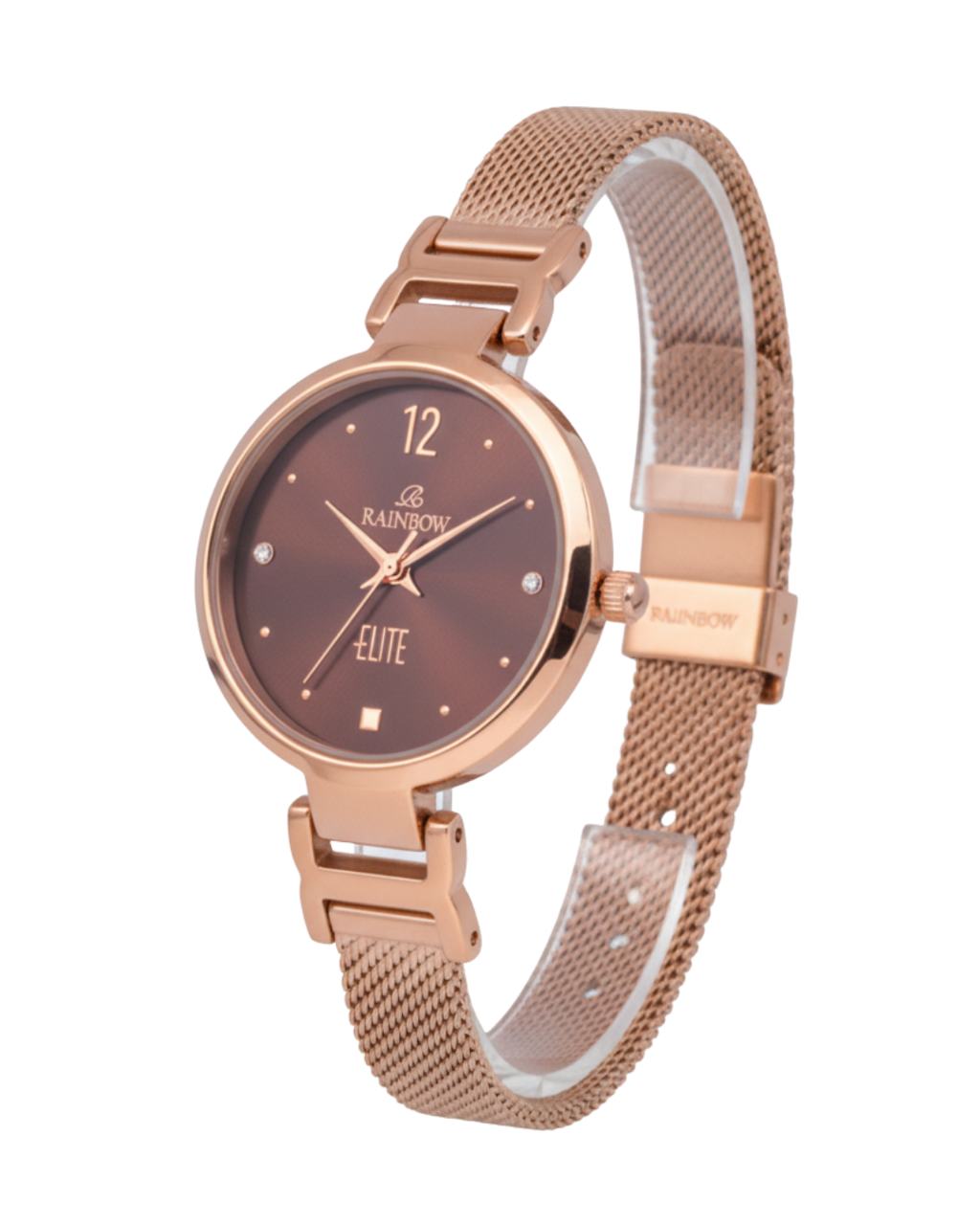 Rainbow Elite Women’s Rosegold Mesh Strap Watch – Brown Dial