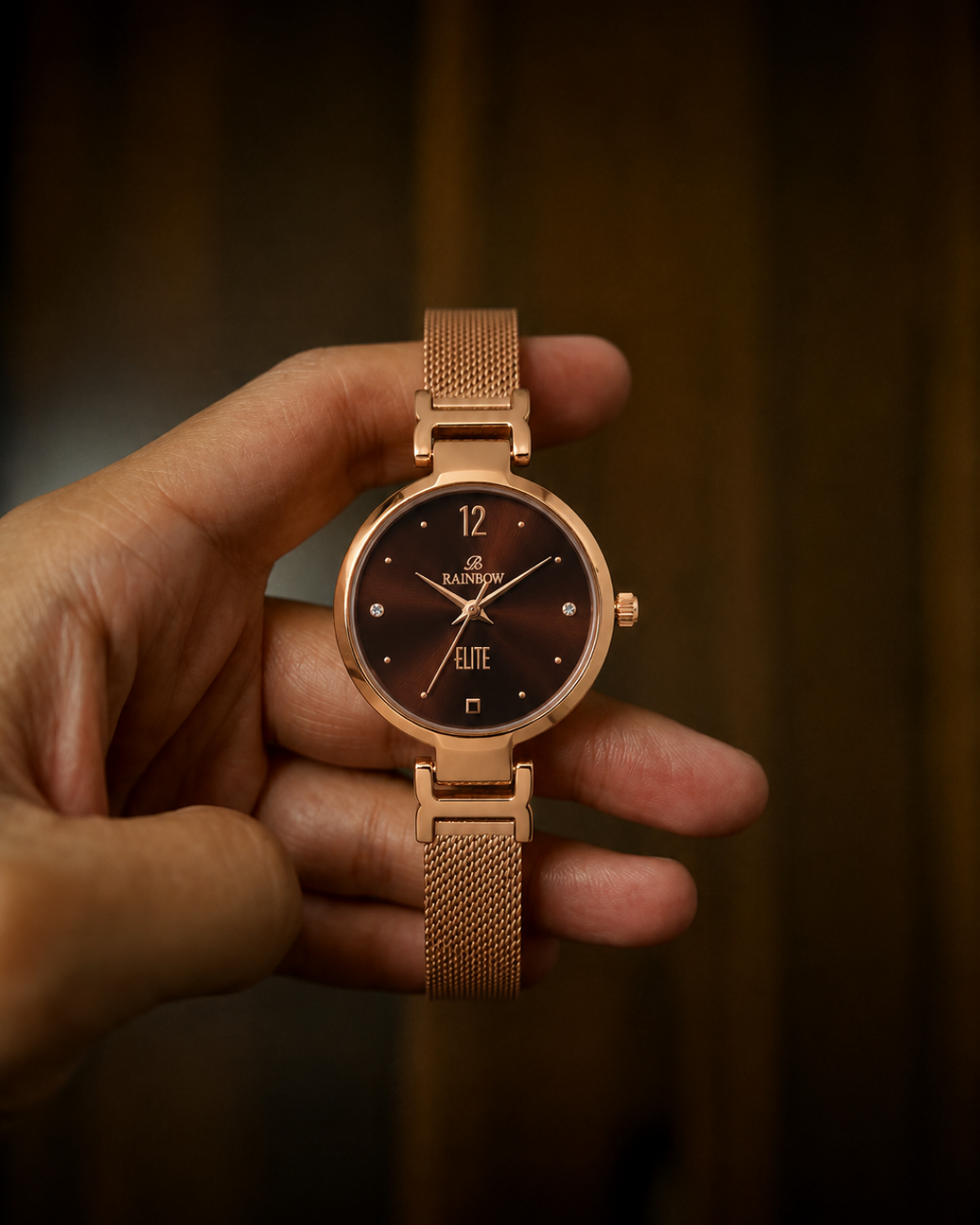Rainbow Elite Women’s Rosegold Mesh Strap Watch – Brown Dial