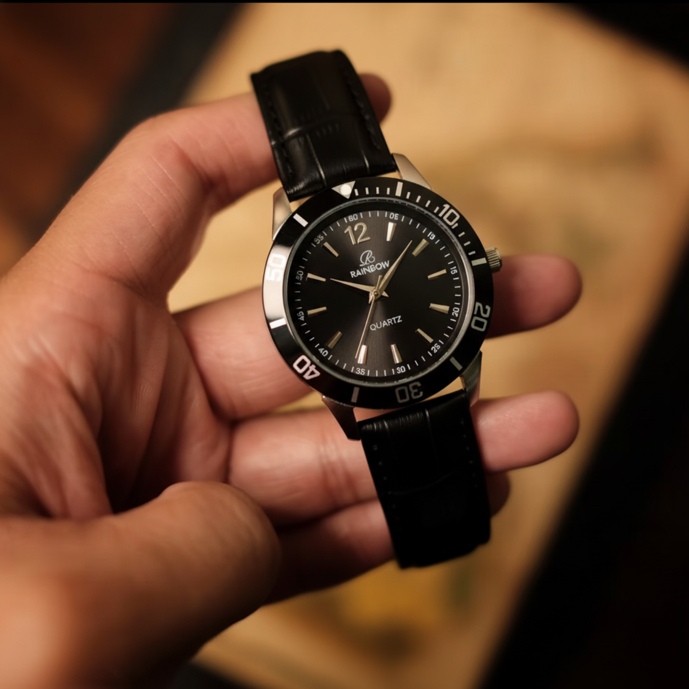 Rainbow Classic Black Dial Leather Strap Men’s Watch