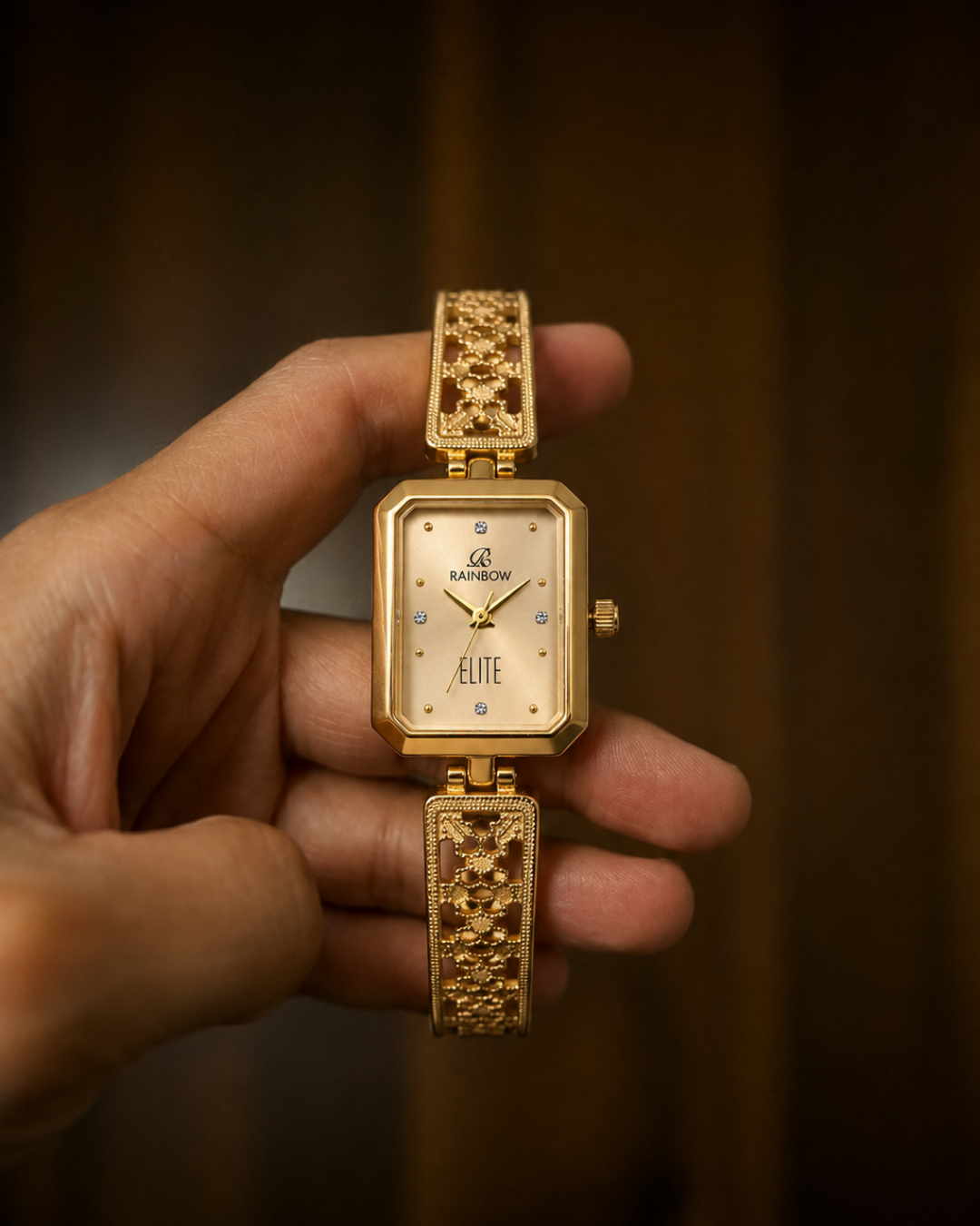 Rainbow Elite – Gold Rectangular Dial Women’s Designer Watch