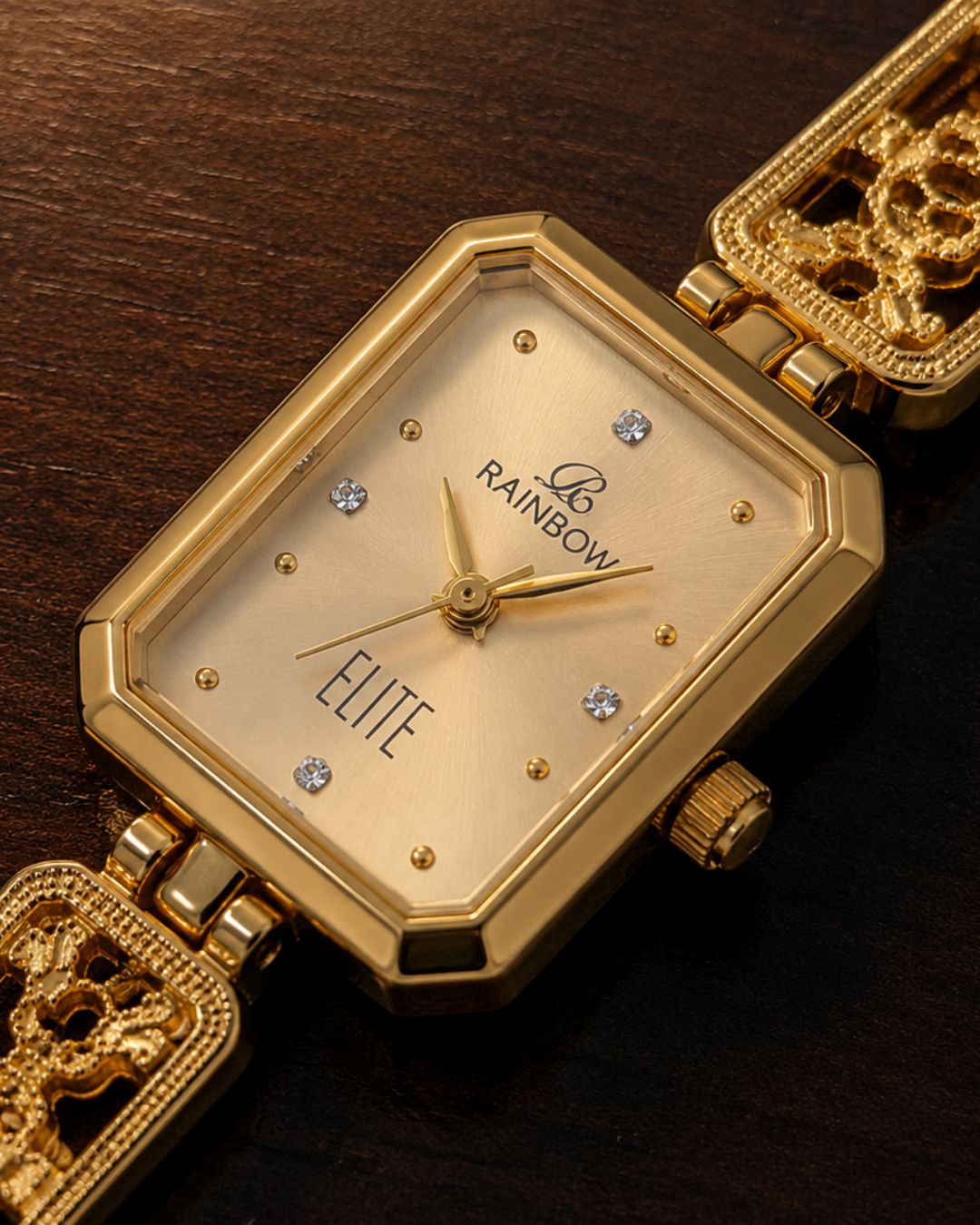 Rainbow Elite – Gold Rectangular Dial Women’s Designer Watch