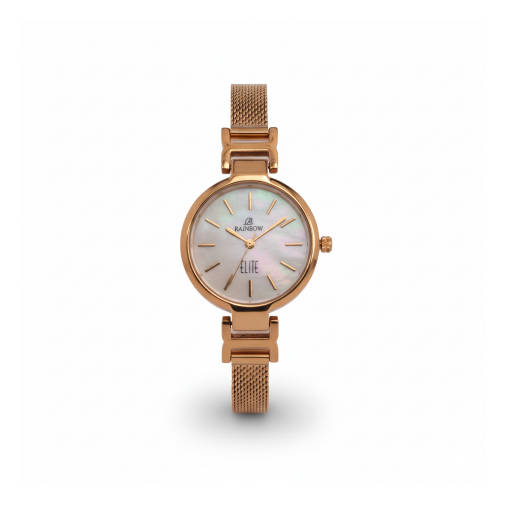 Rainbow Elite Women’s Rosegold Mesh Strap Watch – White Dial