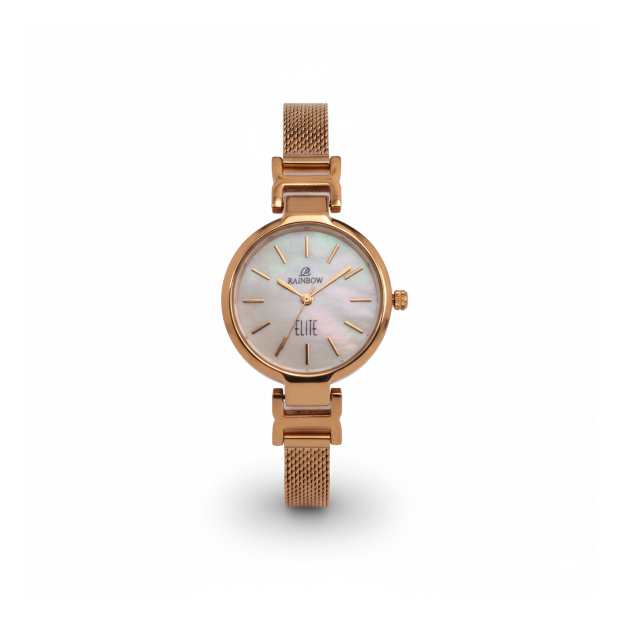 Rainbow Elite Women’s Rosegold Mesh Strap Watch – White Dial