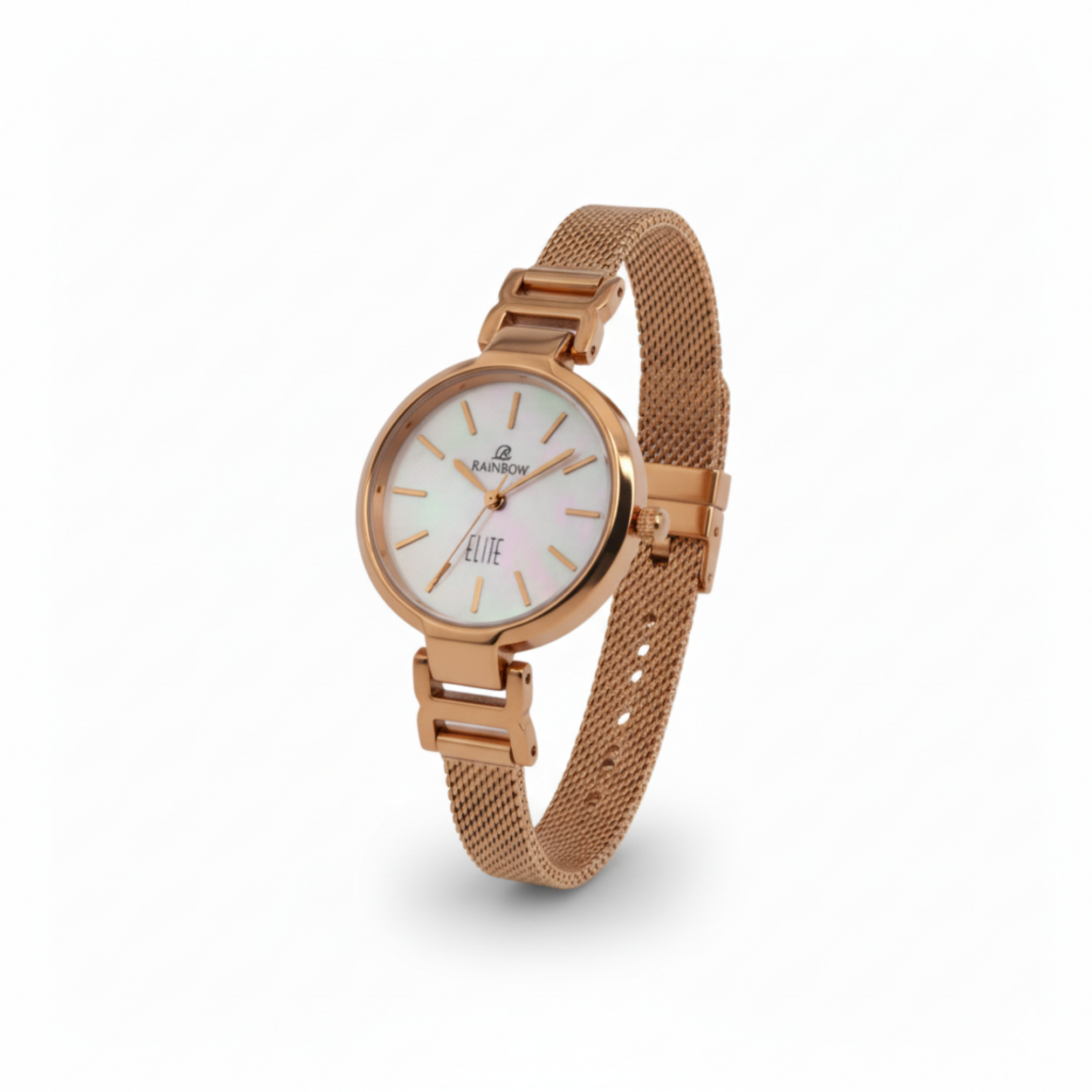 Rainbow Elite Women’s Rosegold Mesh Strap Watch – White Dial