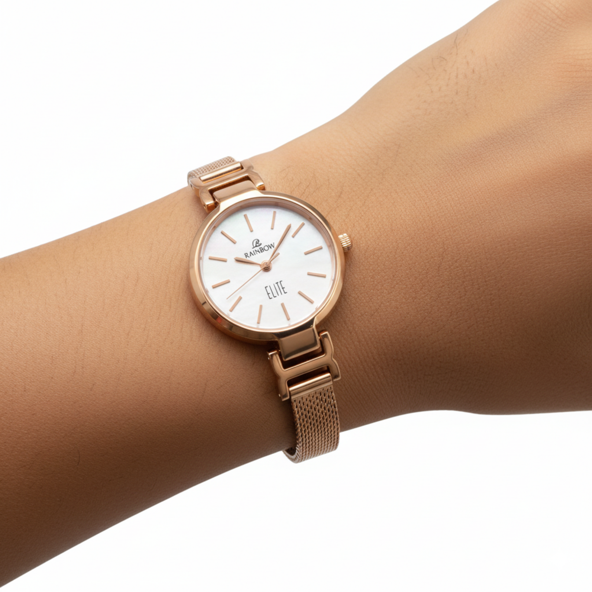 Rainbow Elite Women’s Rosegold Mesh Strap Watch – White Dial