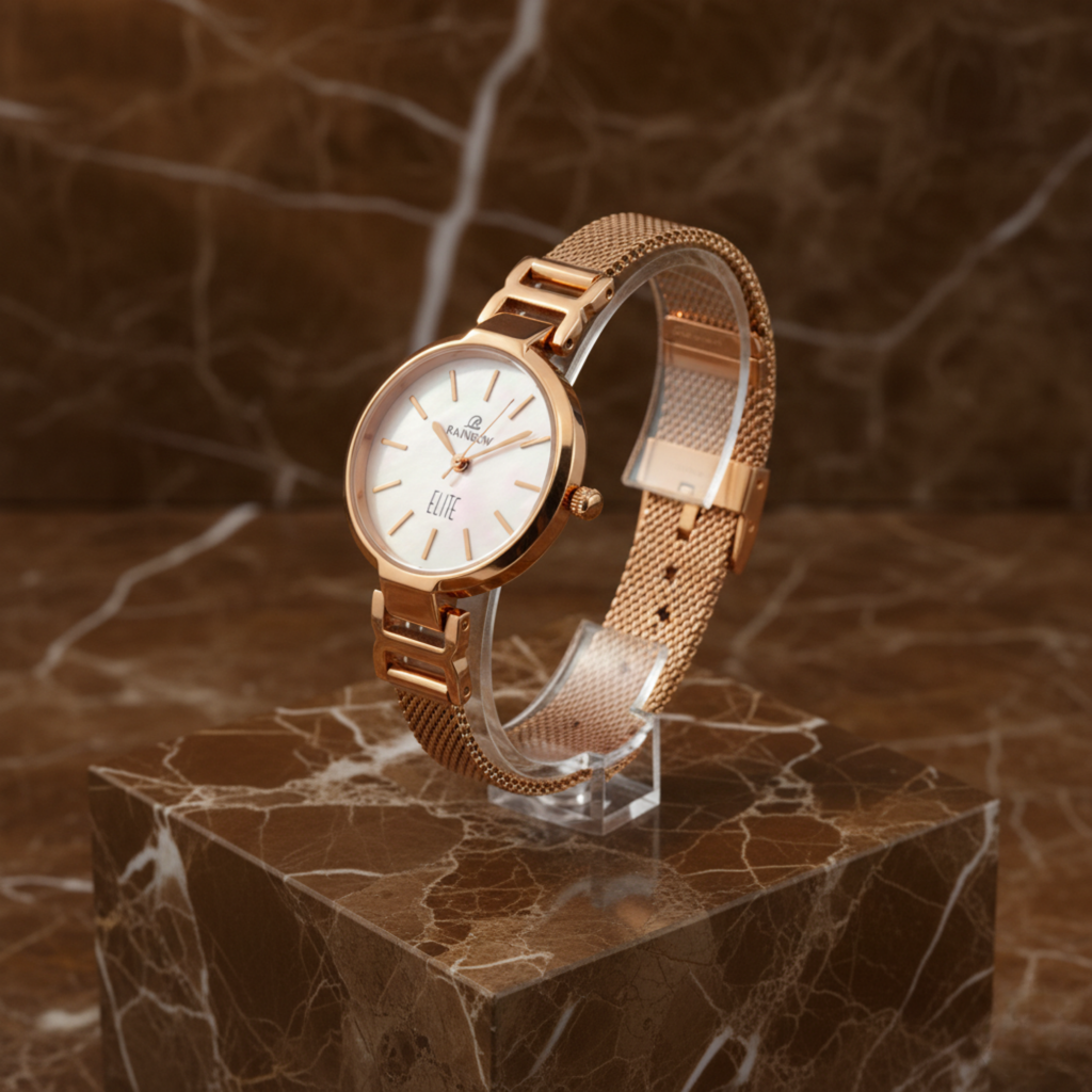 Rainbow Elite Women’s Rosegold Mesh Strap Watch – White Dial