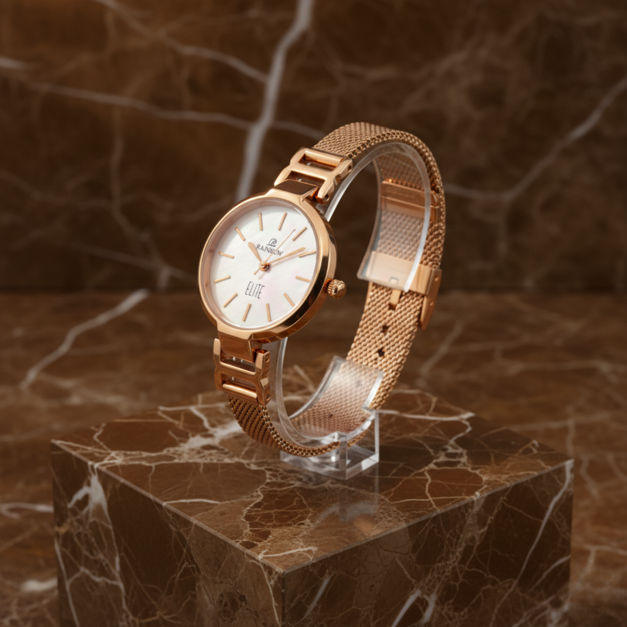 Rainbow Elite Women’s Rosegold Mesh Strap Watch – White Dial