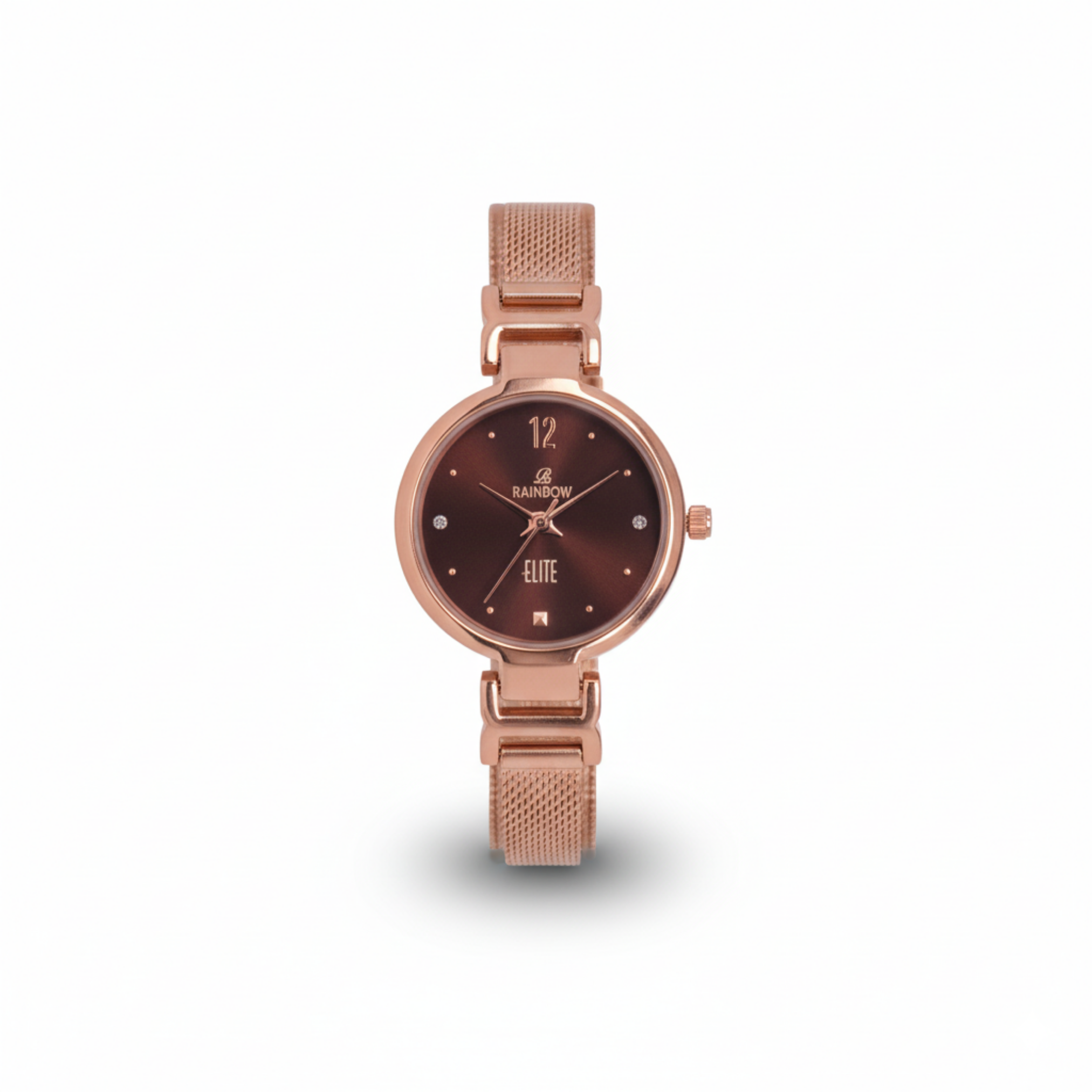 Rainbow Elite Women’s Rosegold Mesh Strap Watch – Brown Dial