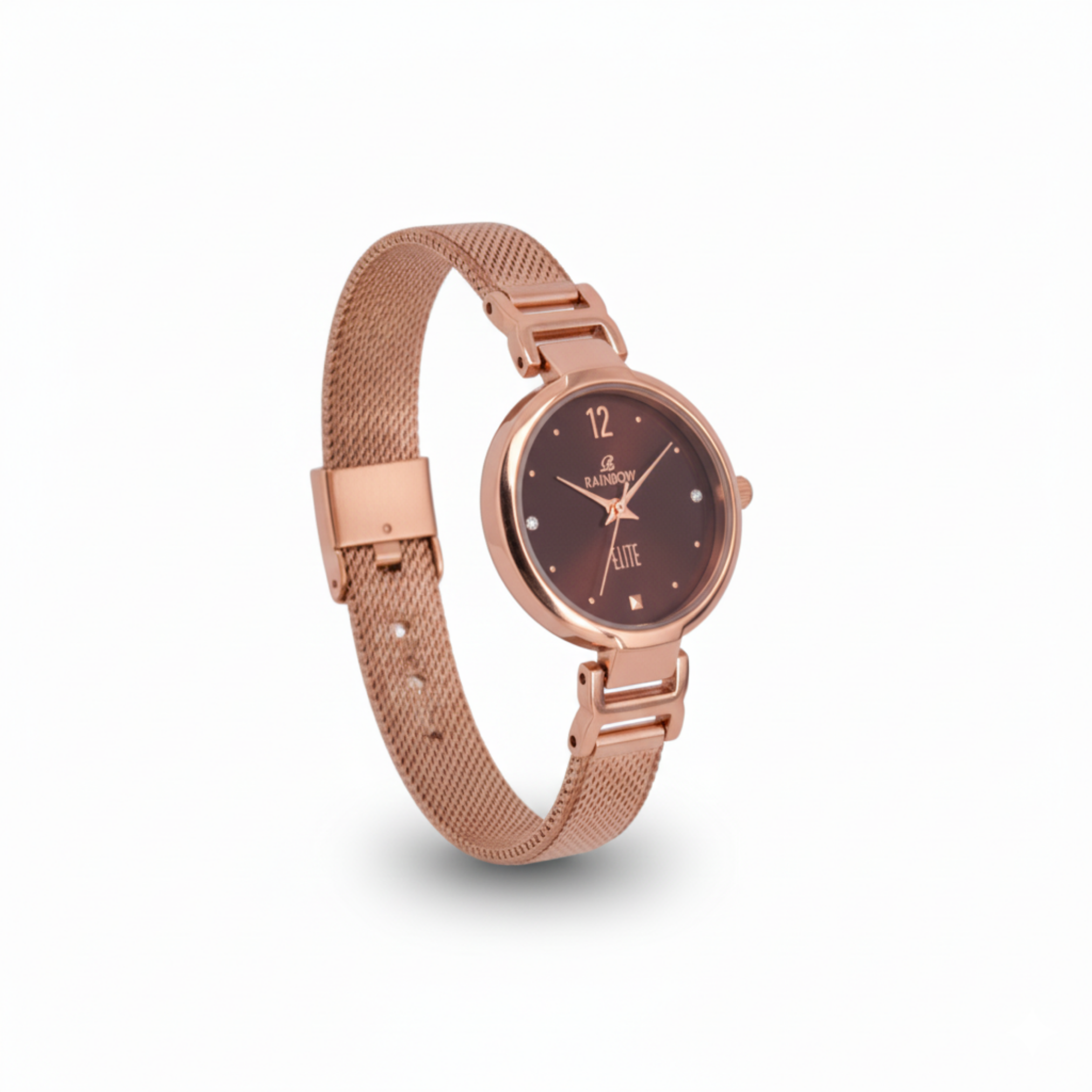 Rainbow Elite Women’s Rosegold Mesh Strap Watch – Brown Dial