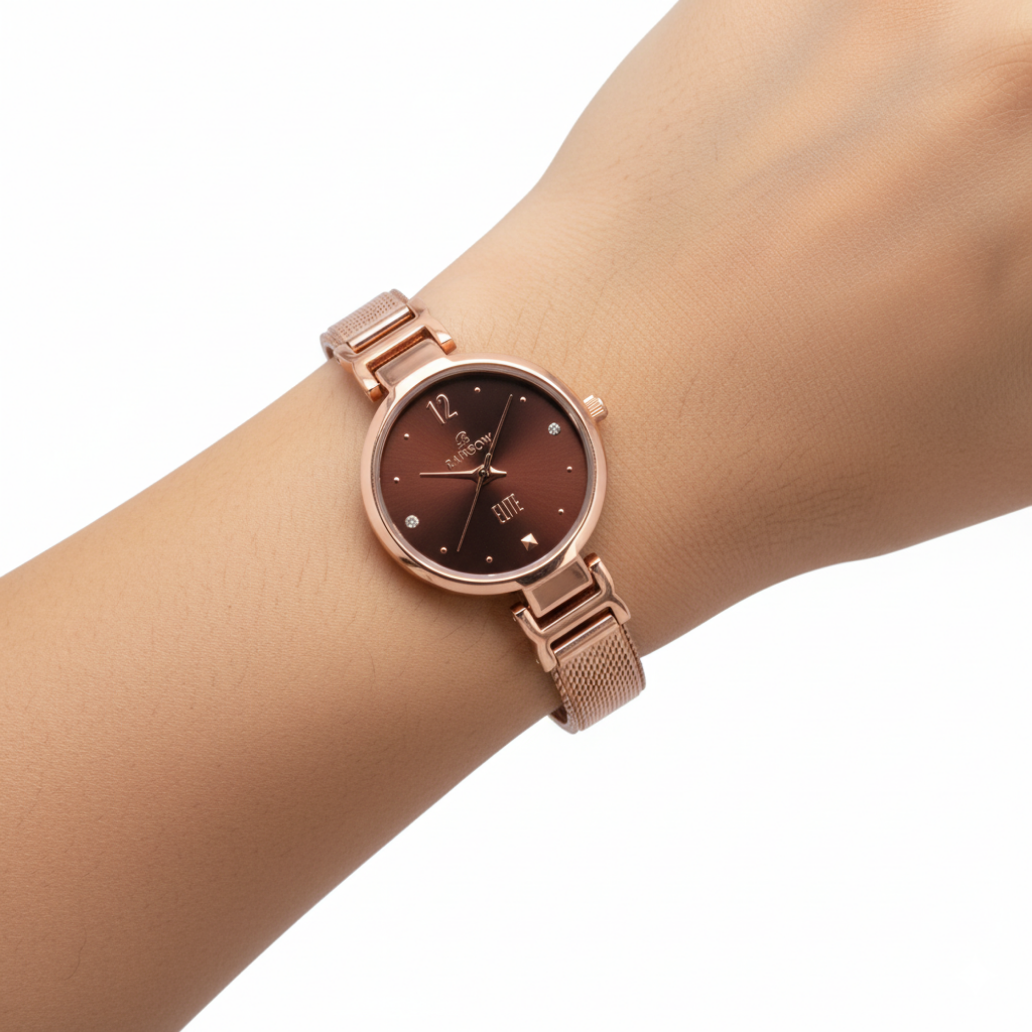 Rainbow Elite Women’s Rosegold Mesh Strap Watch – Brown Dial