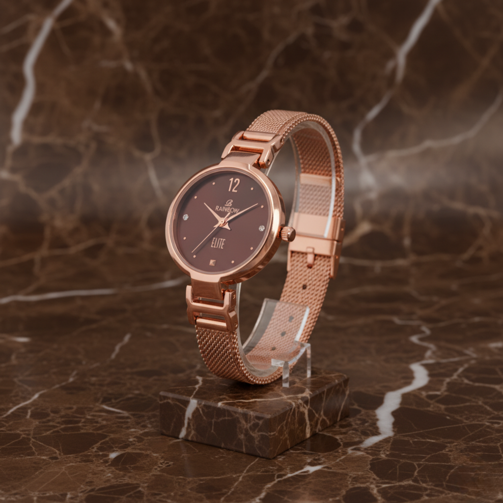 Rainbow Elite Women’s Rosegold Mesh Strap Watch – Brown Dial