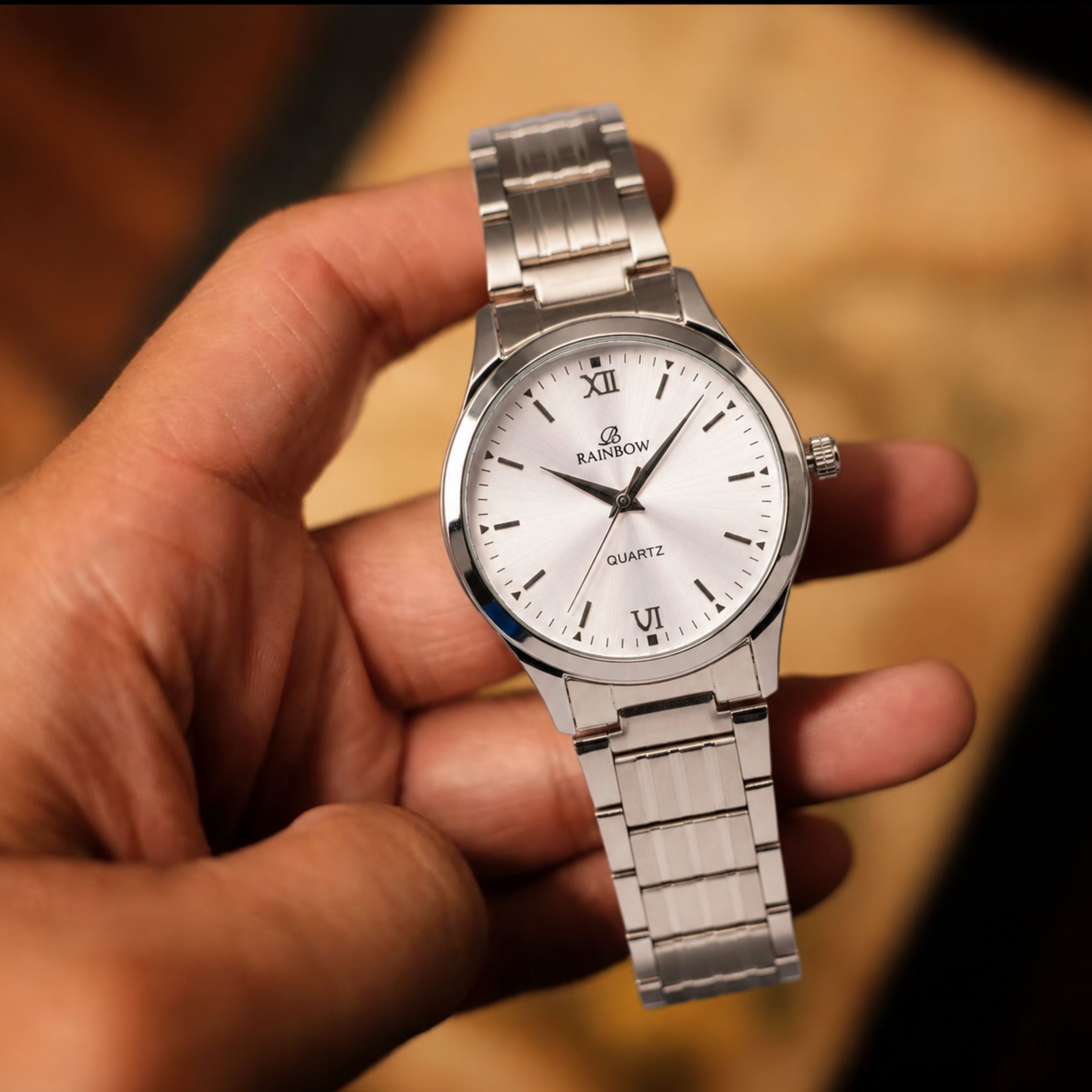 Rainbow Premium Silver White Dial Metal Strap Watch