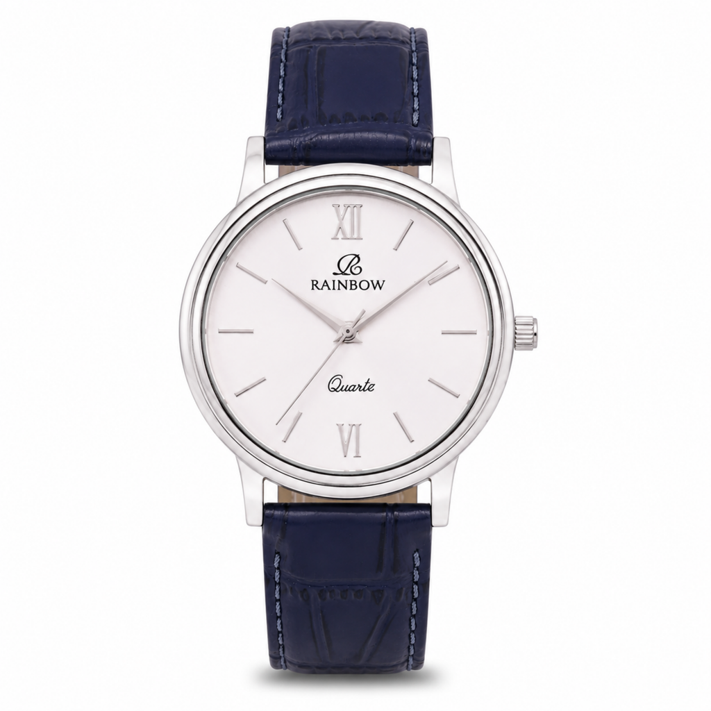 Rainbow Classic Men’s Silver Dial Blue Leather Strap Watch