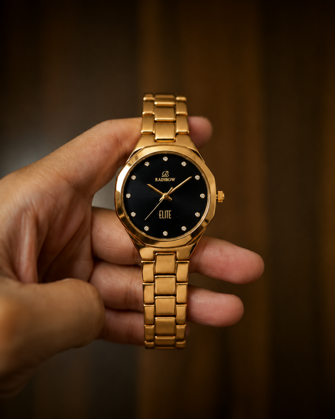 Rainbow Elite Women’s Gold Analog Watch – Black Dial