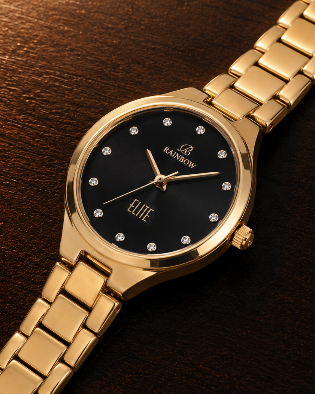 Rainbow Elite Women’s Gold Analog Watch – Black Dial