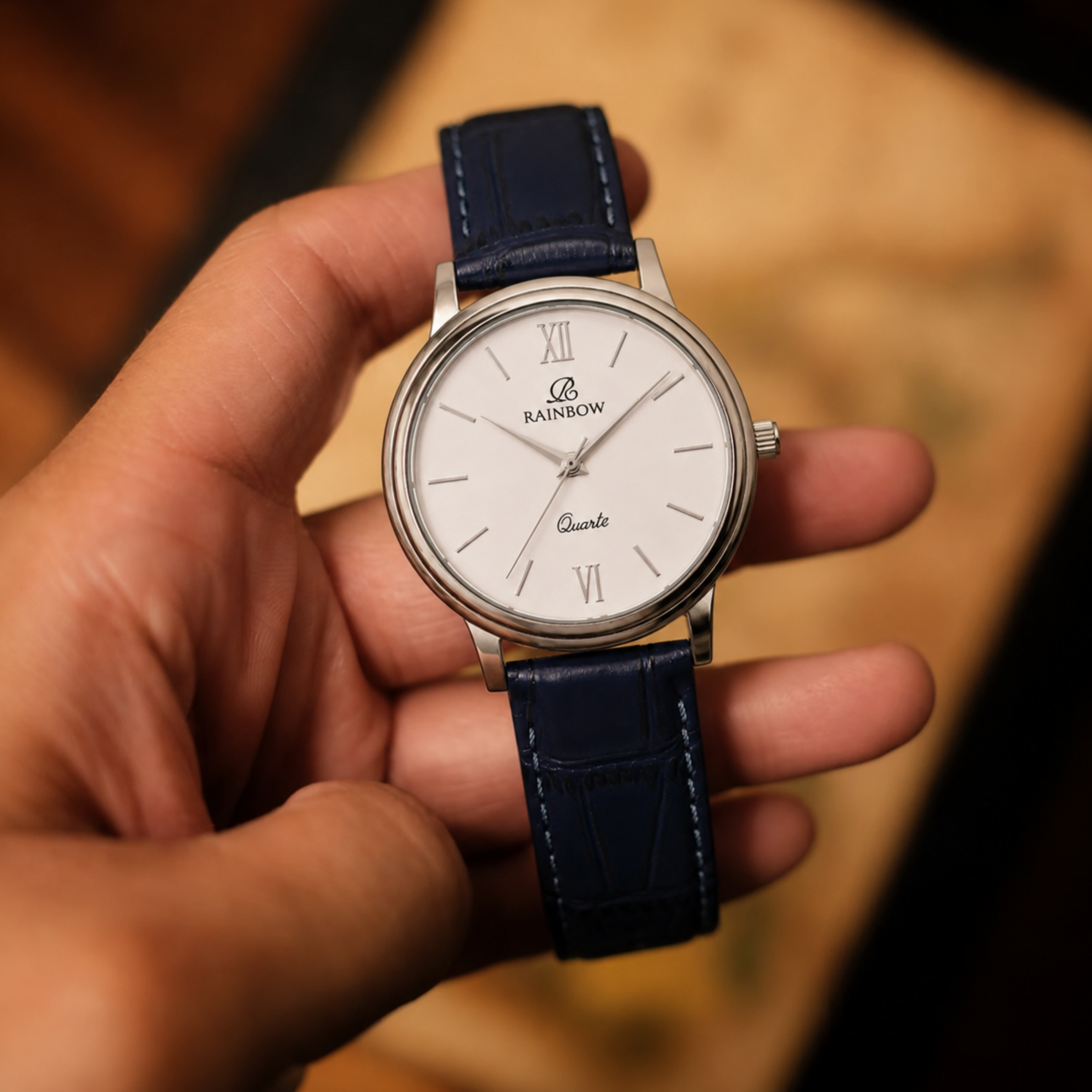Rainbow Classic Men’s Silver Dial Blue Leather Strap Watch