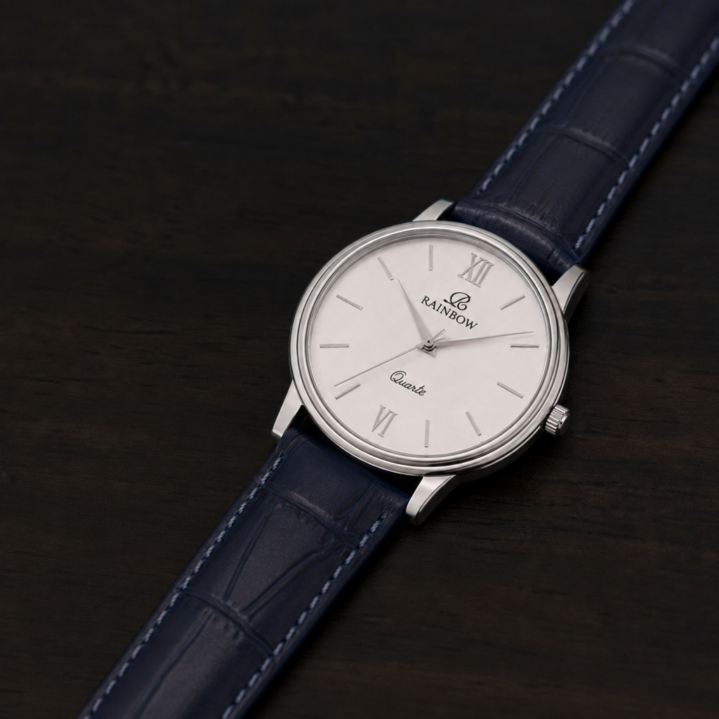 Rainbow Classic Men’s Silver Dial Blue Leather Strap Watch