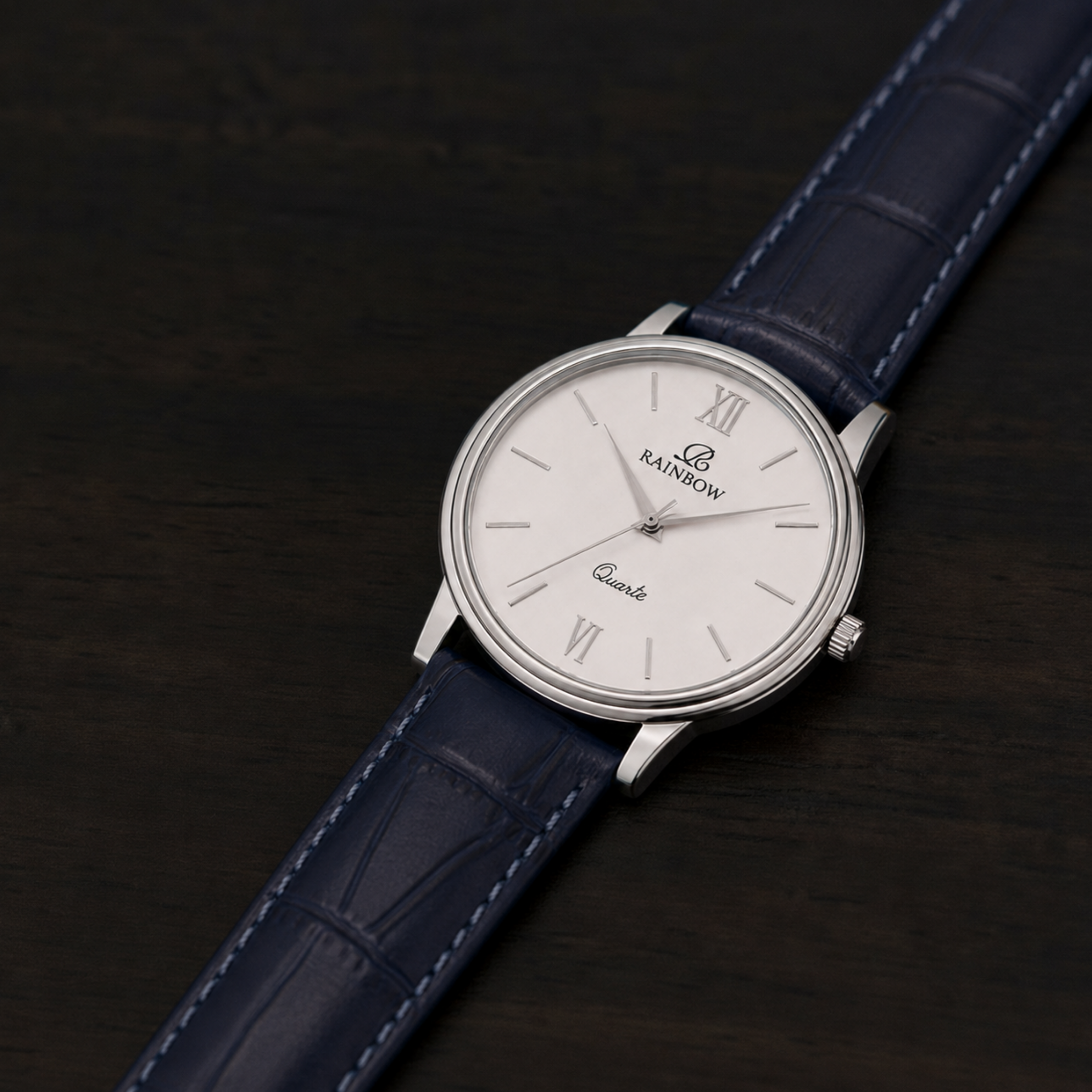 Rainbow Classic Men’s Silver Dial Blue Leather Strap Watch