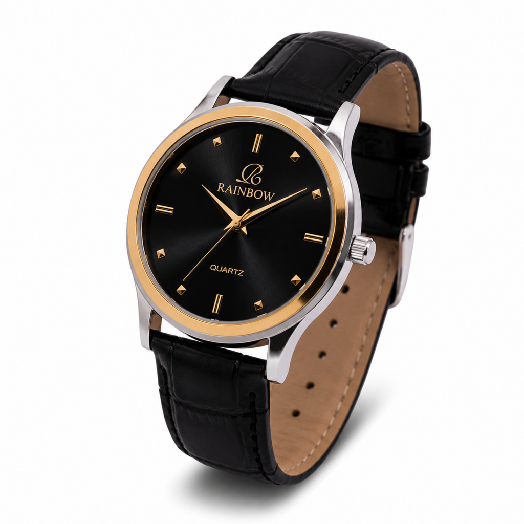Rainbow Classic Men’s Black Dial Gold Case Black Leather Strap Watch