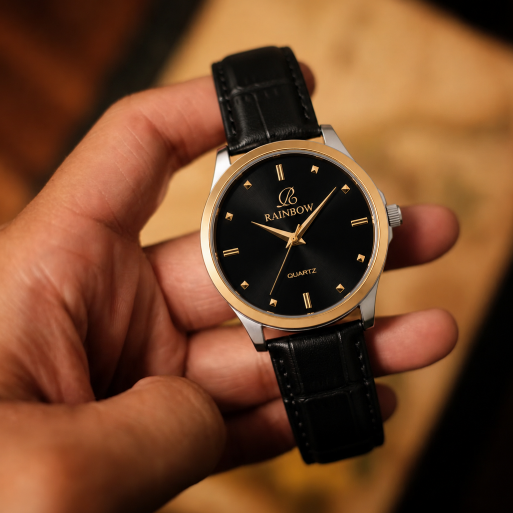 Rainbow Classic Men’s Black Dial Gold Case Black Leather Strap Watch