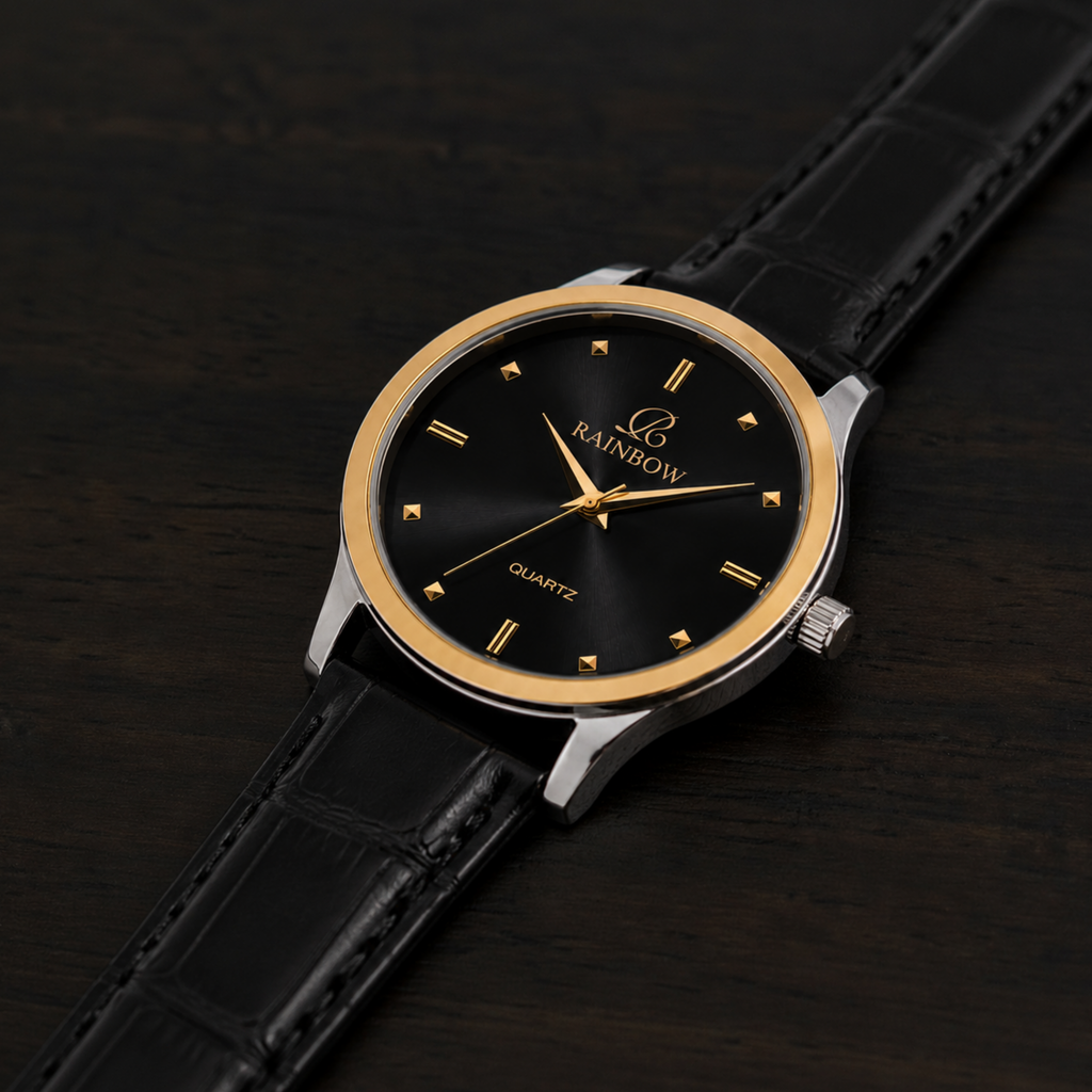 Rainbow Classic Men’s Black Dial Gold Case Black Leather Strap Watch