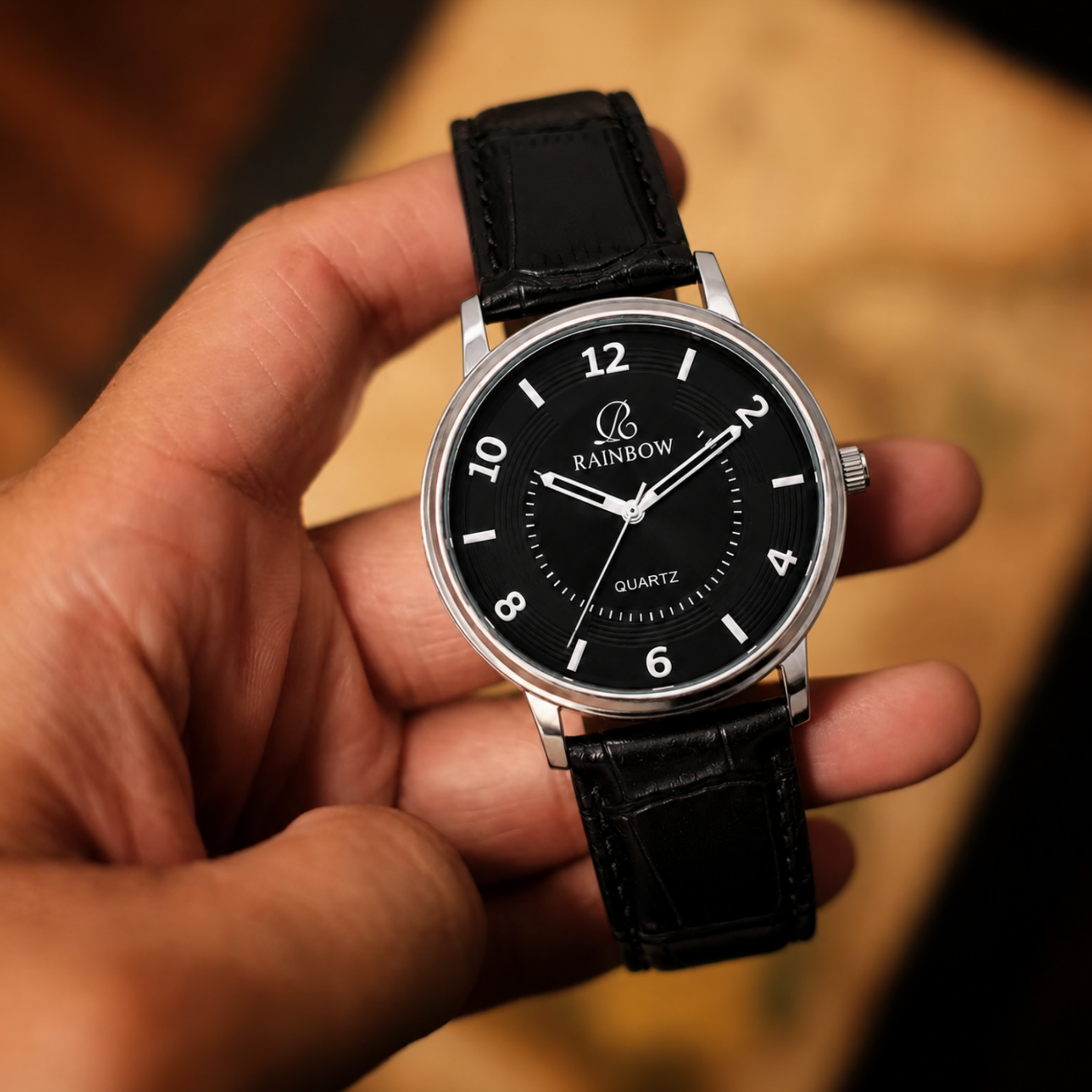 Rainbow Classic Black Dial Leather Strap Men's Watch